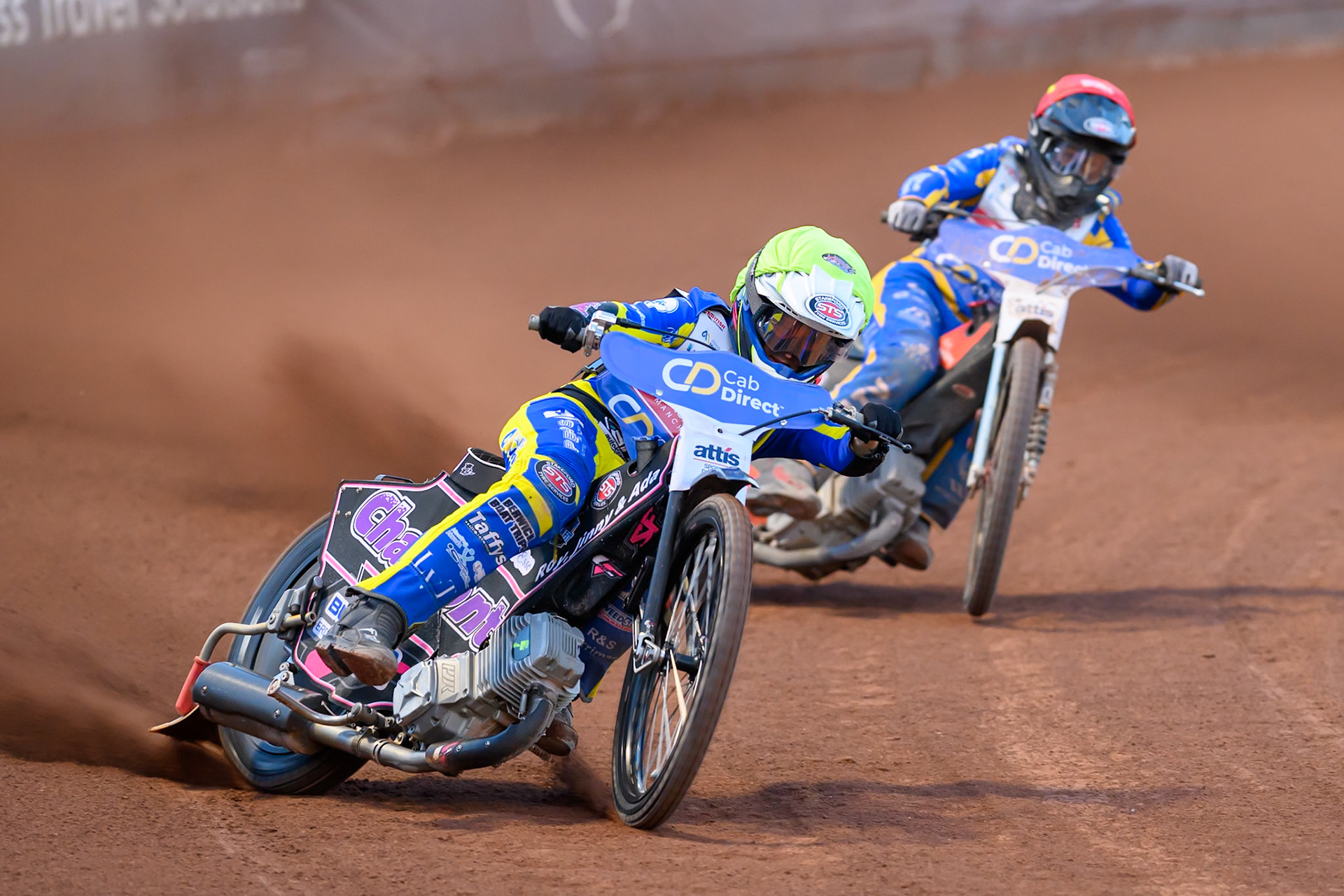 Leon Flint (14) in Yellow leading Dan Thompson (8) in Red  during the Cab Direct British Speedway Championship Final at the National Speedway Stadium, Manchester on Saturday 15th August 2026. (Photo: Ian Charles | MI News)