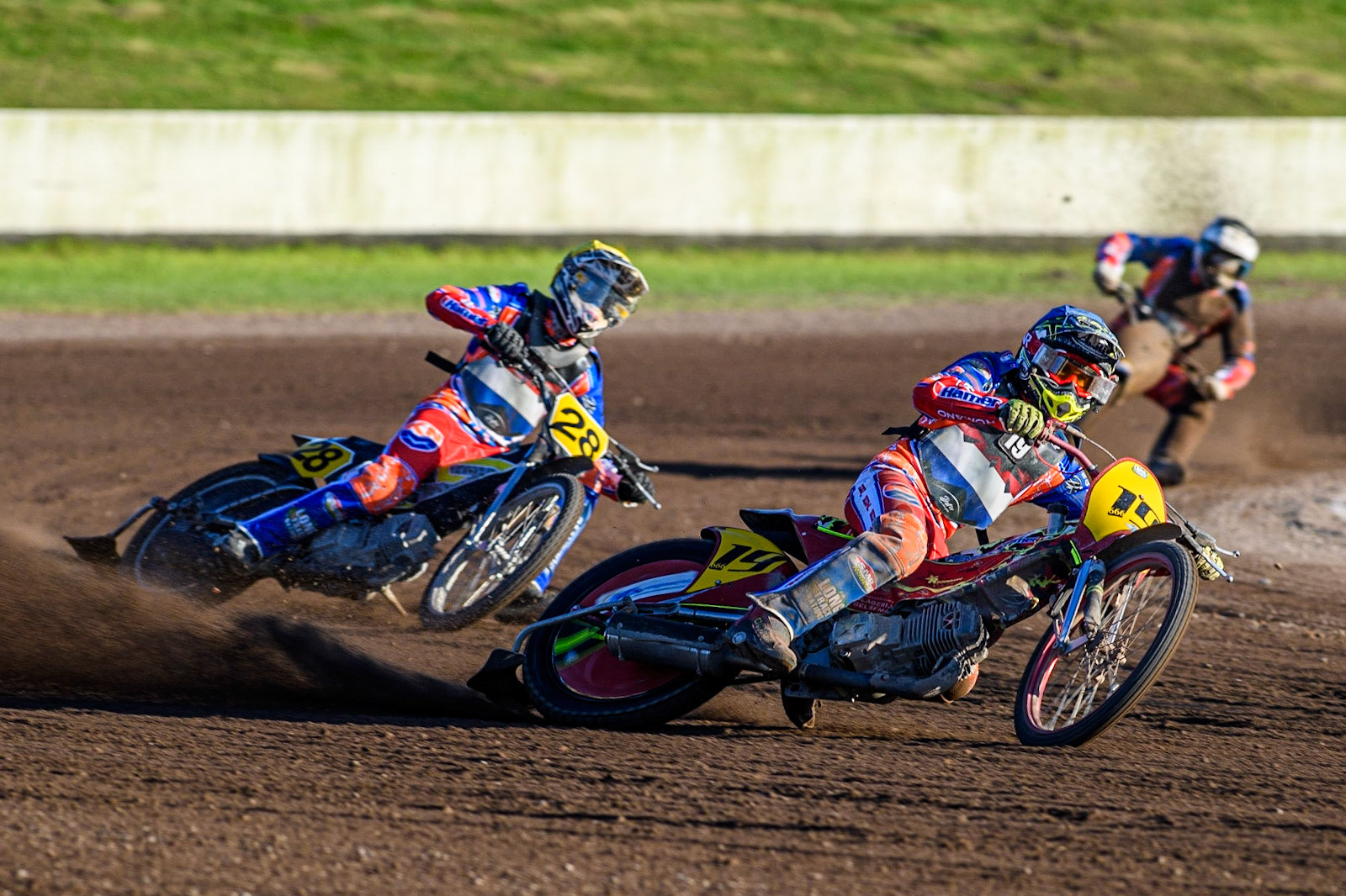 Romano Hummel (Blue) leads  team mate Mika Meijer (Yellow) on their way to another Maximum points win against the French during the FIM Long Track Of Nations event at the Speed Centre Roden on Sunday 24th September 2023. (Photo: Ian Charles | MI News)
