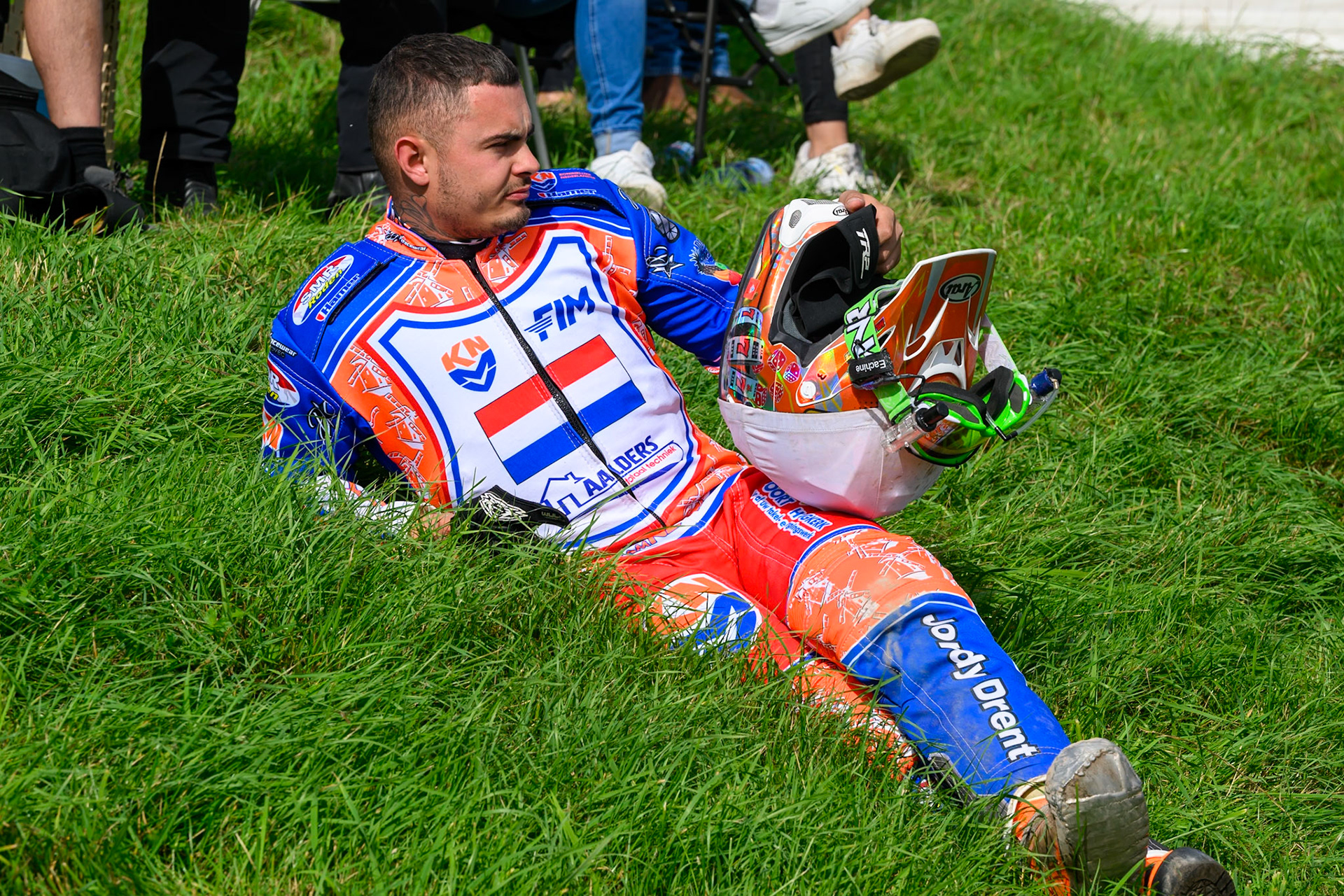 Romano Hummel (14) of Netherlands has a relaxing moment before his first heat during the FIM Long Track of Nations 2026 at the Speed Centre Roden in the Netherlands on Sunday 20th September 2026. (Photo: Ian Charles | MI News)