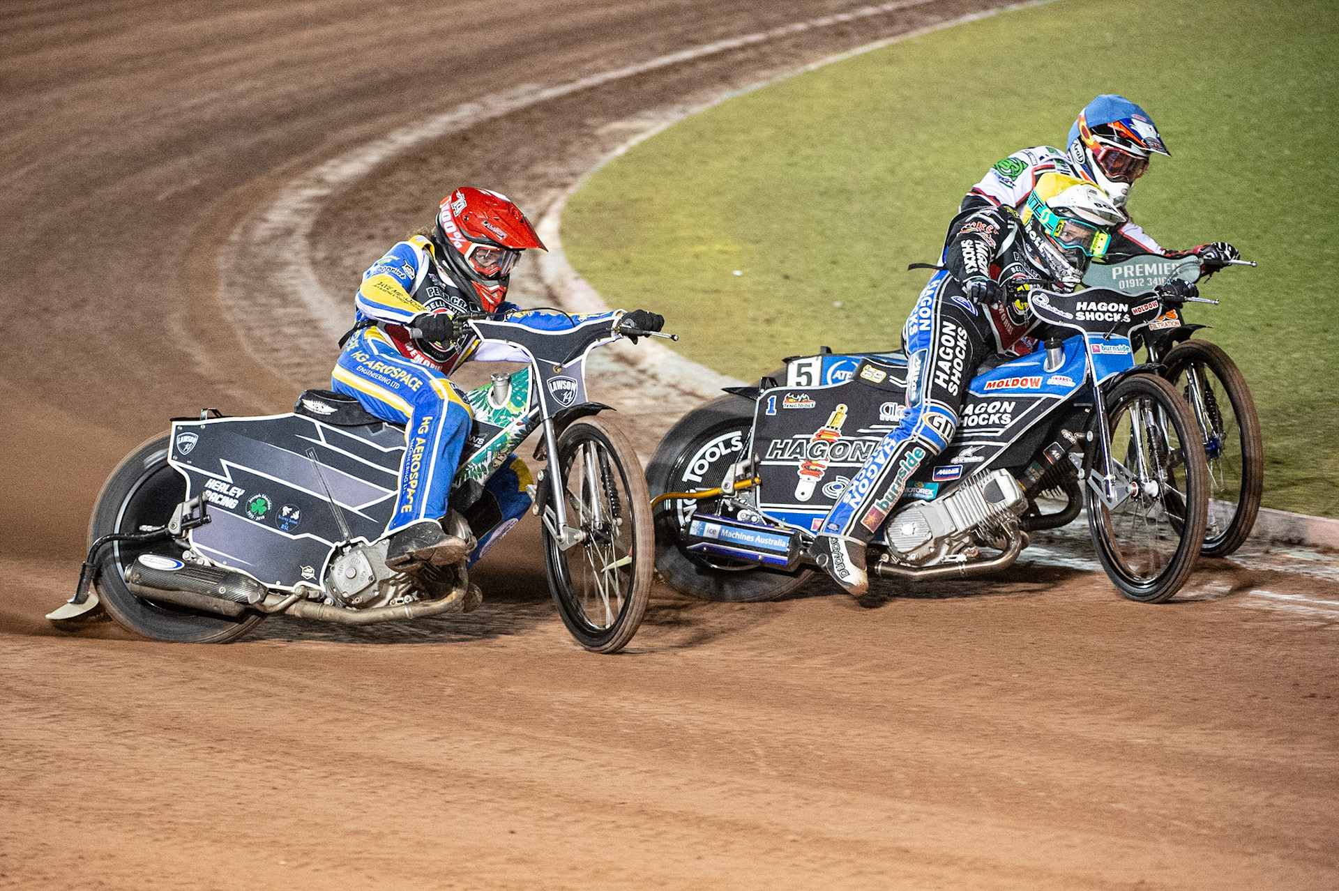 Photo: Ian CharlesRichard Lawson (Red), Jason Doyle (Yellow) and Steve Worrall (Blue) battle for the leadPeter Craven Memorial Trophy, National Speedway Stadium, Manchester Thursday  22  October  2020