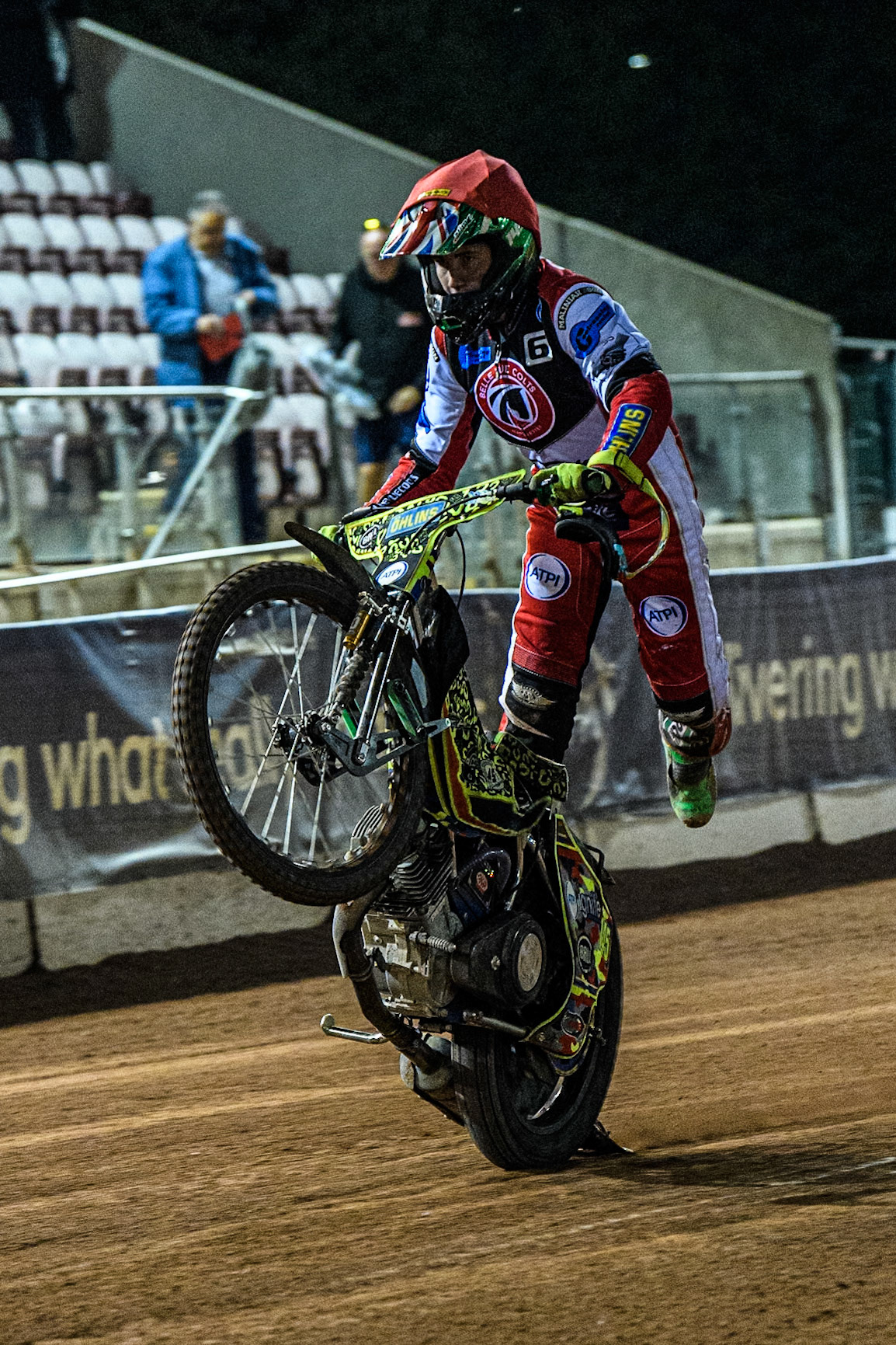 Belle Vue Colts' William Cairns celebrates with a wheelie during the WSRA National Development League match between Belle Vue Aces and Edinburgh Monarchs at the National Speedway Stadium, Manchester on Friday 30th August 2024. (Photo: Ian Charles | MI News)