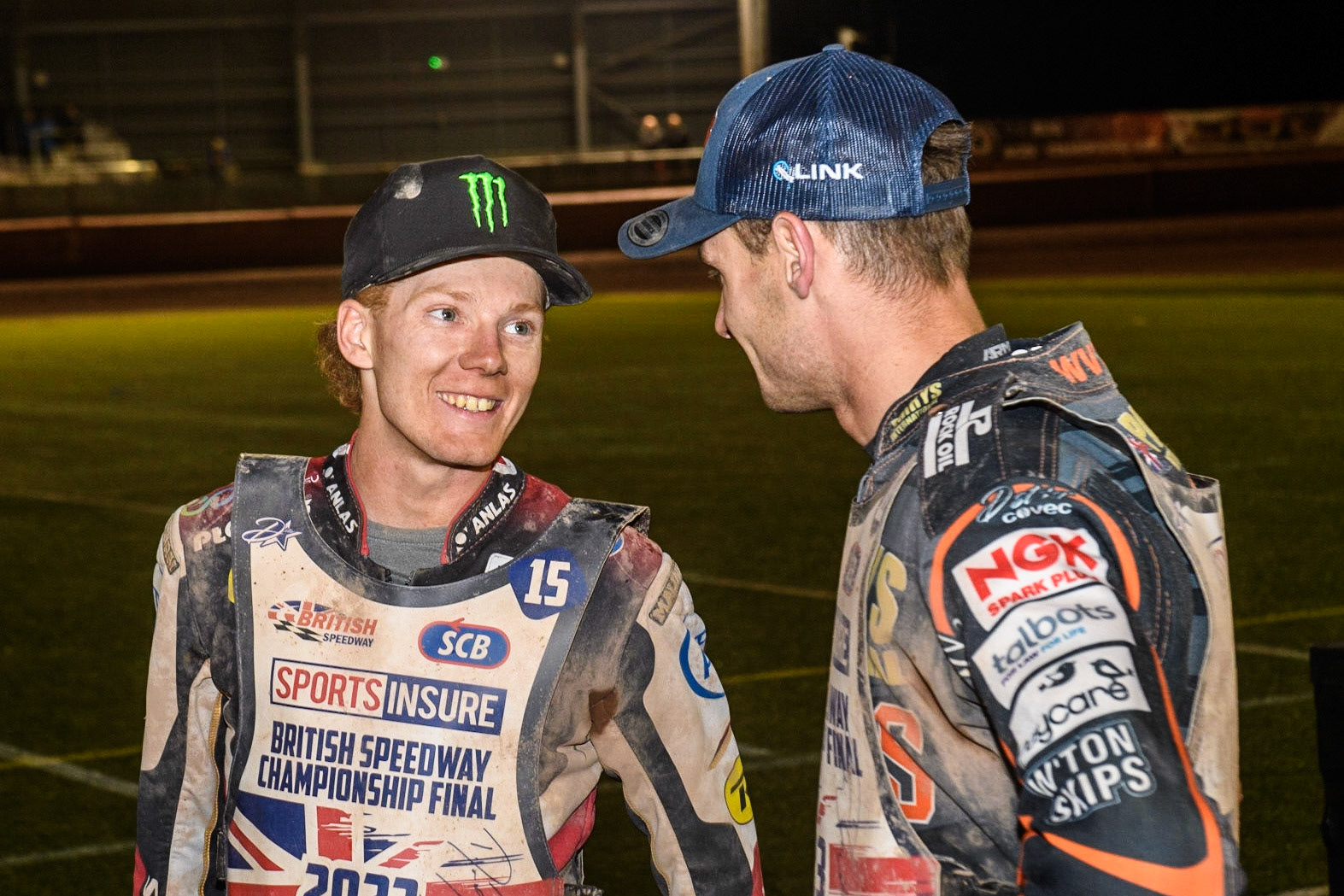 Dan Bewley (left) chats with Steve Worrall  during the Sports Insure British Speedway Final at the National Speedway Stadium, Manchester on Monday 14th August 2023. (Photo: Ian Charles | MI News)