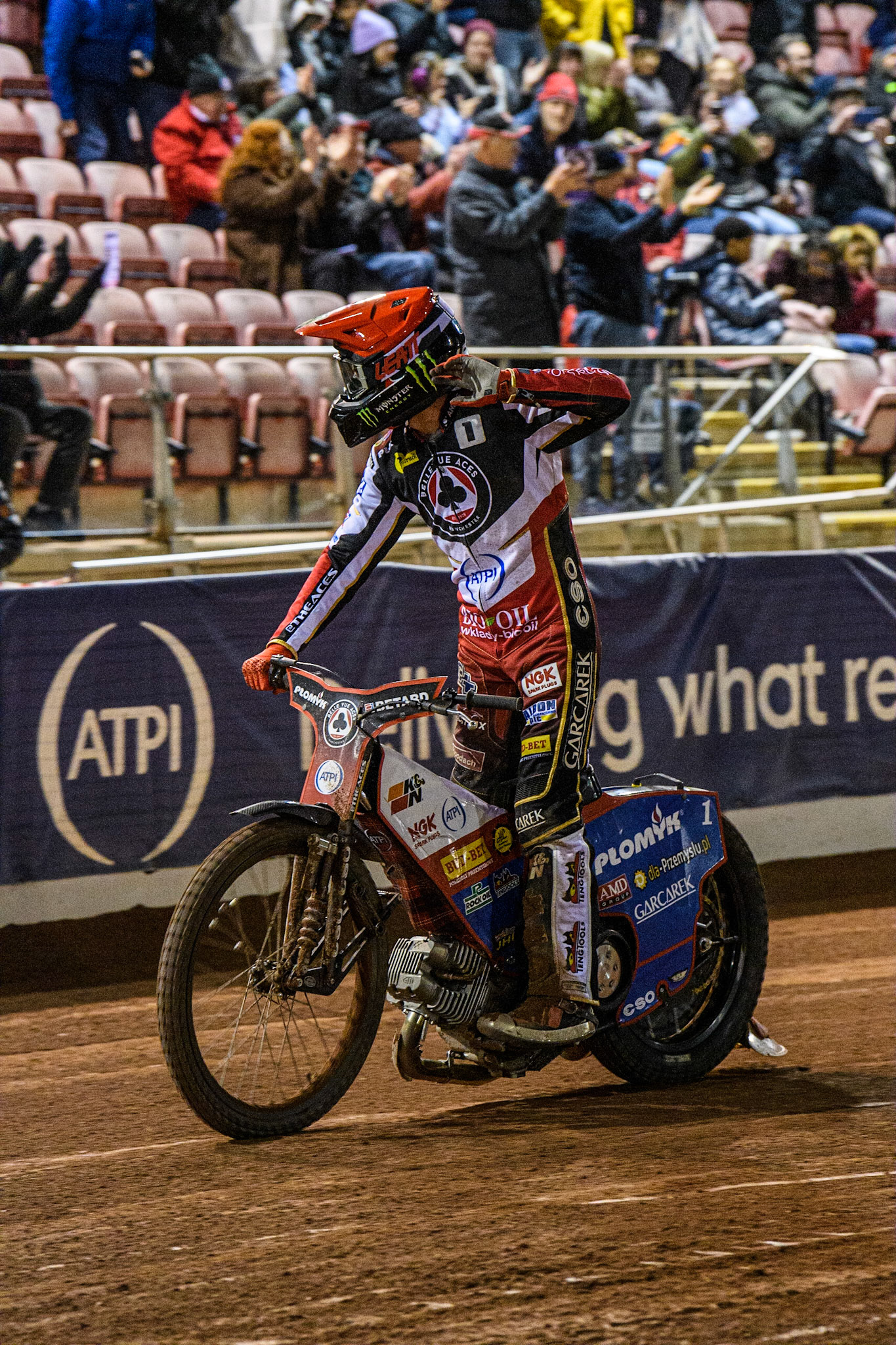 Dan Bewley  waves to the fans after the final heat during the SGB Premiership match between Belle Vue Aces and Peterborough at the National Speedway Stadium, Manchester on Monday 24th April 2023. (Photo: Ian Charles | MI News)
