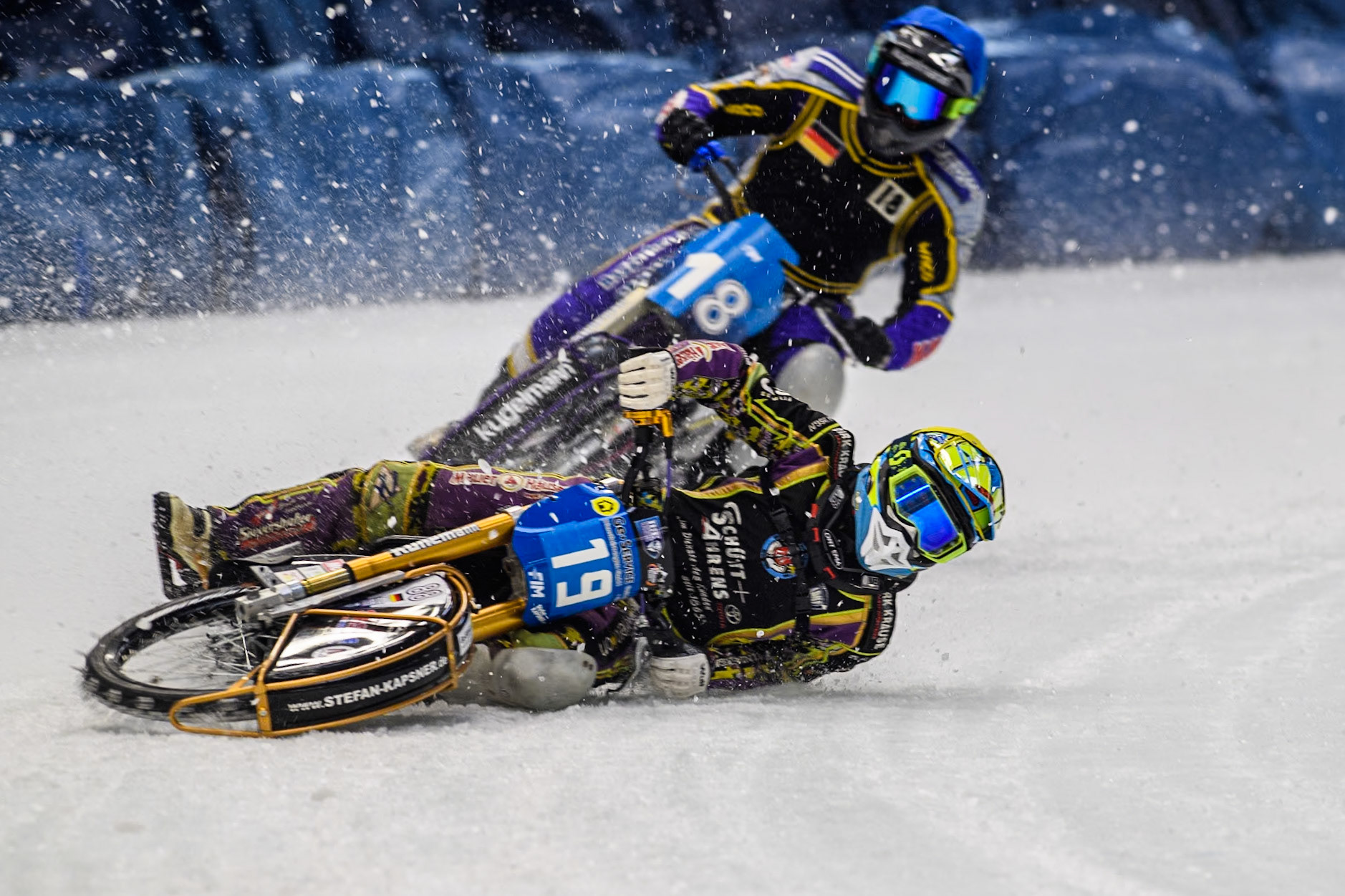 German Reserve Maximillian Neidermaier (19) gets into difficulty in front of Germany's Christoph Kirchner (18) during the FIM Ice Speedway Gladiators World Championship Final 2 at the Max-Aicher-Arena, Inzell on Sunday 24 March 2024. (Photo: Ian Charles | MI News)