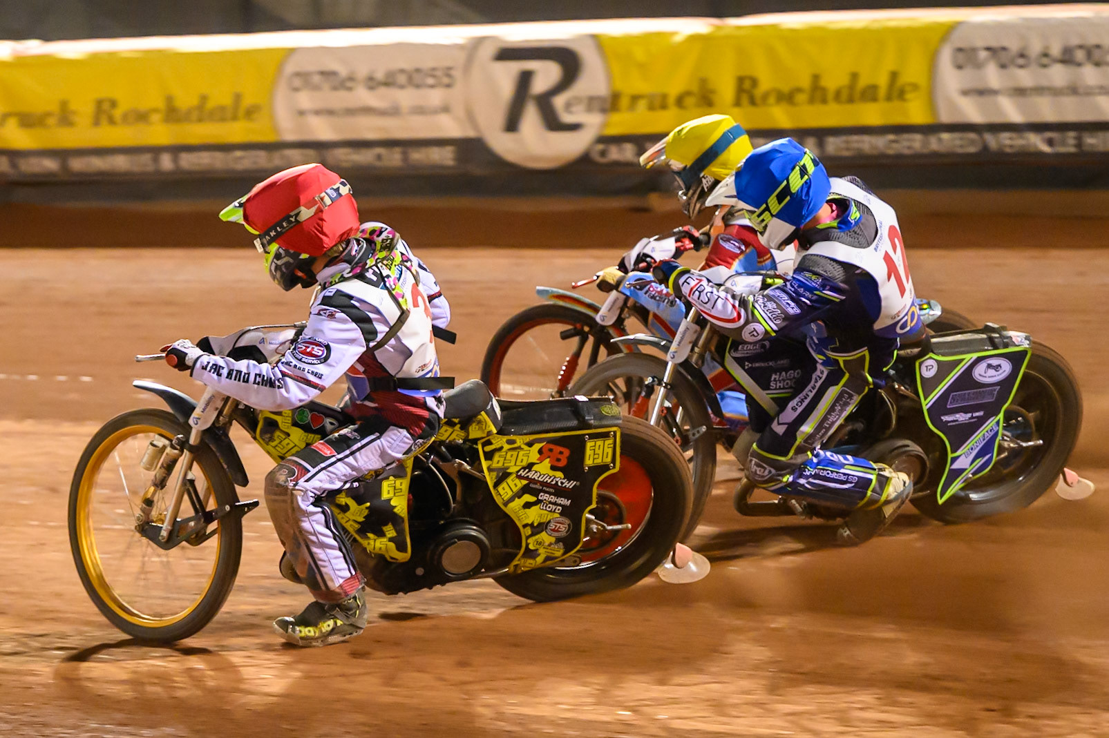 Ace Pijper (3) in Red on the inside of Jake Mulford (12) in Blue  and Drew Kemp (6) in Yellow during the Cab Direct British Speedway Championship Final at the National Speedway Stadium, Manchester on Saturday 15th August 2026. (Photo: Ian Charles | MI News)