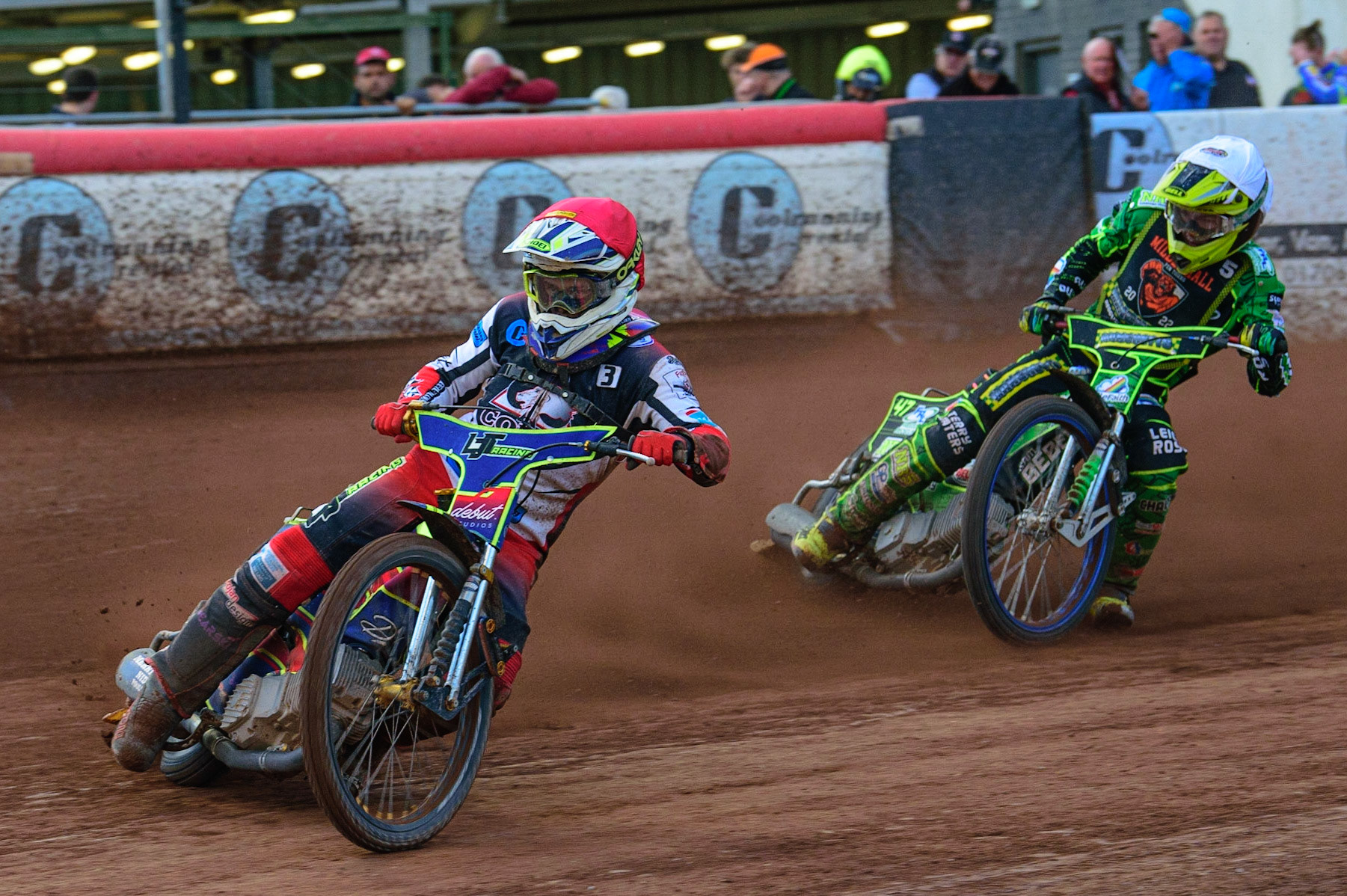 Nathan Ablitt   (Red) leads Sam Bebee  (White) during the National Development League match between Belle Vue Colts and Mildenhall Fens Tigers at the National Speedway Stadium, Manchester on Friday 15th July 2022. (Credit: Ian Charles | MI News)