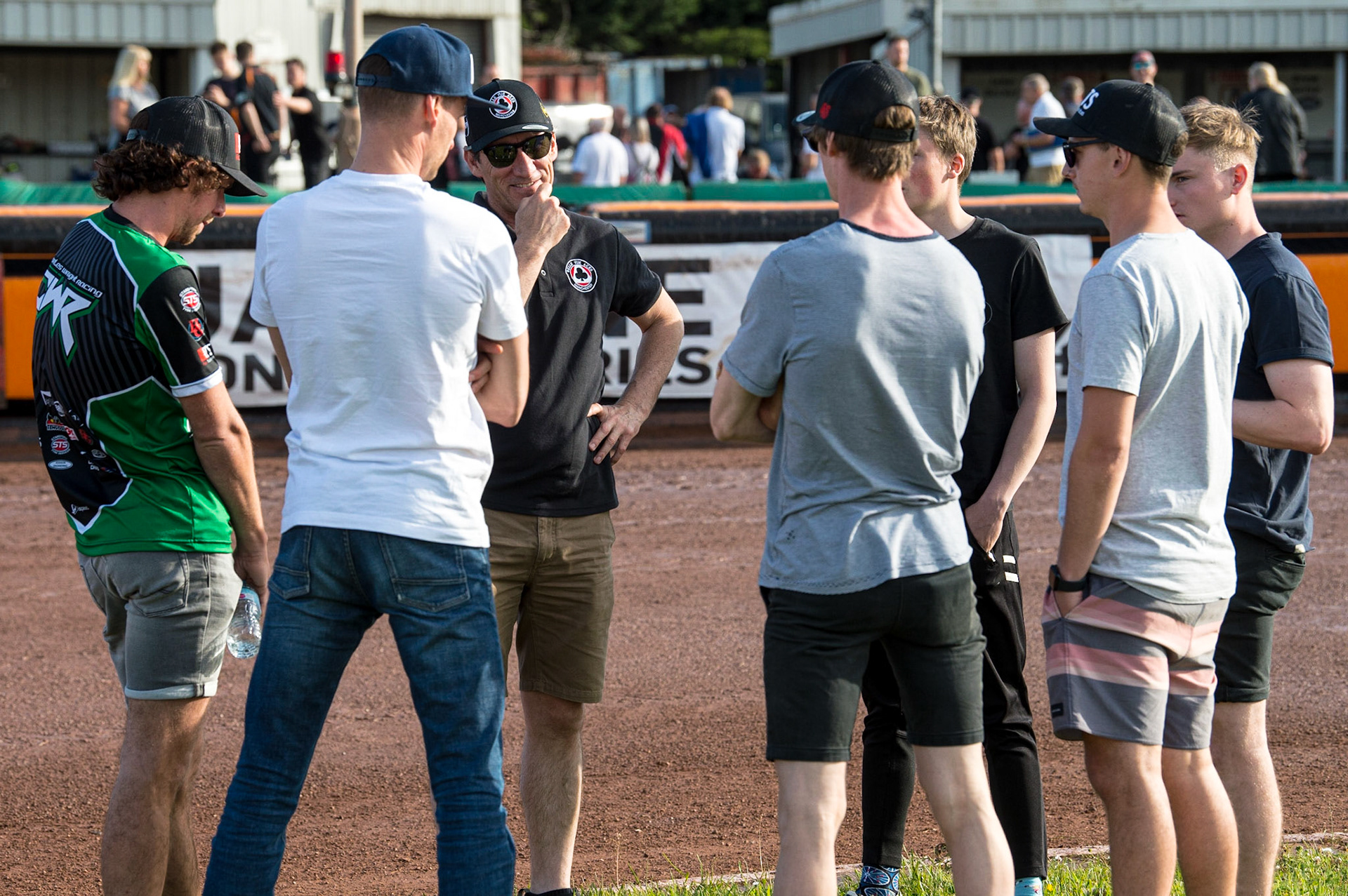 WOLVERHAMPTON, UK. JUN 20TH The Belle Vue ATPI Aces pre-race meeting after their track walk during the SGB Premiership match between Wolverhampton Wolves and Belle Vue Aces at Monmore Green Stadium, Wolverhampton on Monday 20th June 2022. (Credit: Ian Charles | MI News)