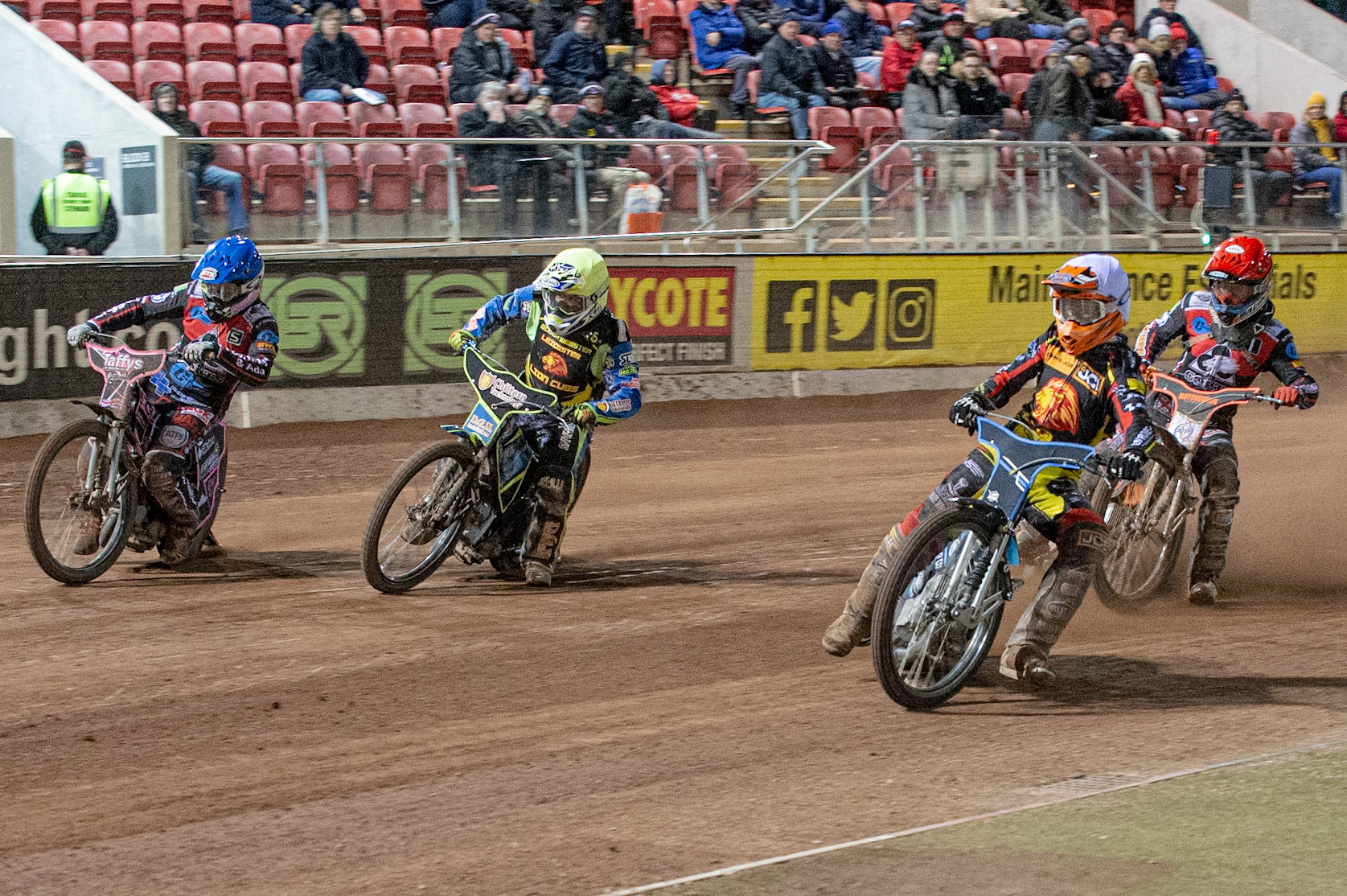Photo: Ian Charles

Ellis Perks  (White) inside Danyon Hume  (Yellow) Leon Flint  (Blue) with Jordan Palin  (Red) behind 

Belle Vue Colts v Leicester Lion Cubs, SGB National League KO Cup Final (2nd Leg), Belle Vue National Speedway Stadium, Manchester, Tuesday 29  October  2019