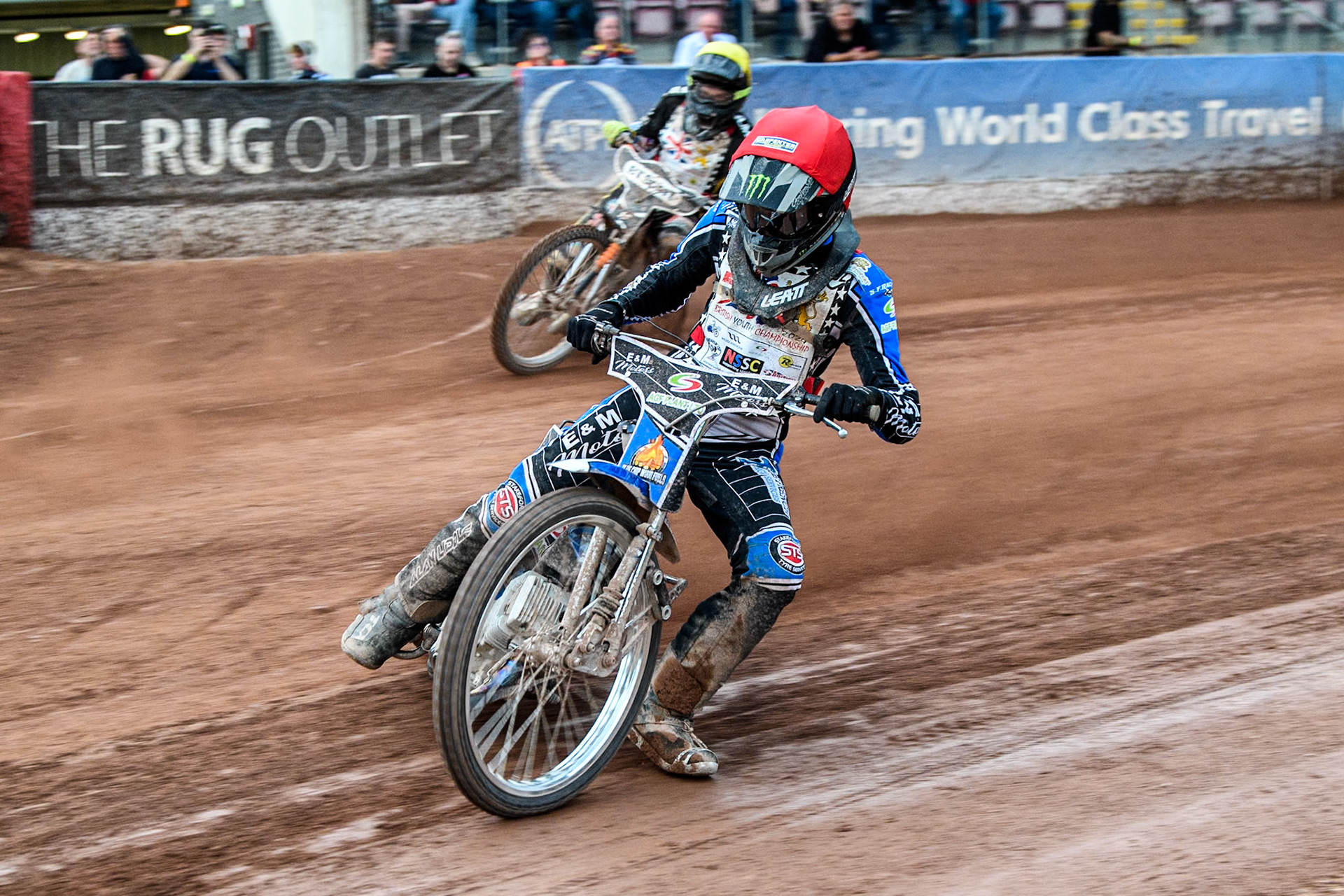Lee Harrison (500cc)   in Red leading Jack Crewe (500cc)   in Yellow during the British Youth 500cc Championships at the National Speedway Stadium, Manchester on Friday 2nd August 2024. (Photo: Ian Charles | MI News)