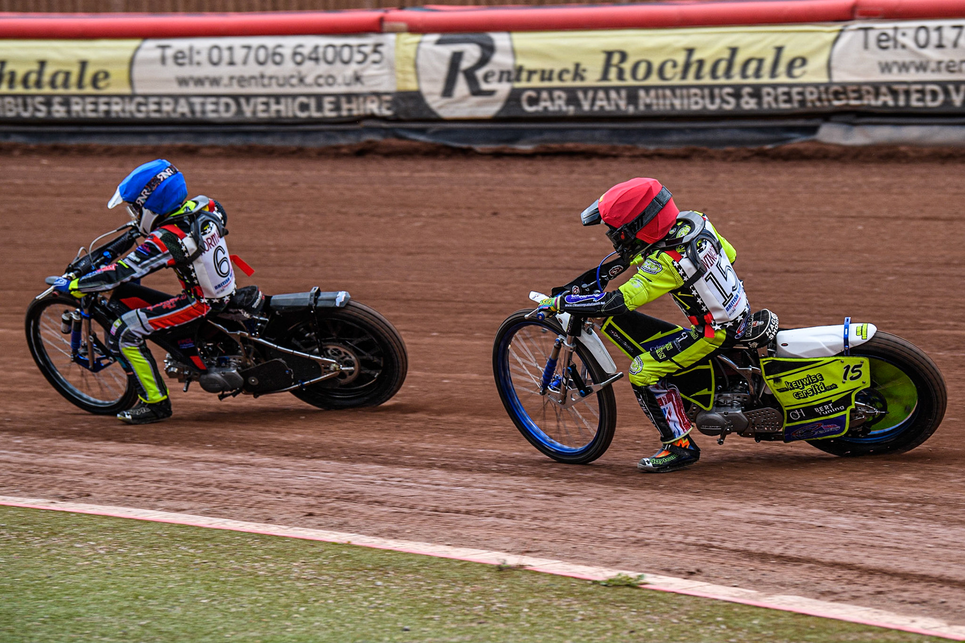 Oliver Bovington  (Red) chases Seth Norman (Blue) during the British Youth Championships at the National Speedway Stadium, Manchester on Friday 12th May 2023. (Photo: Ian Charles | MI News)