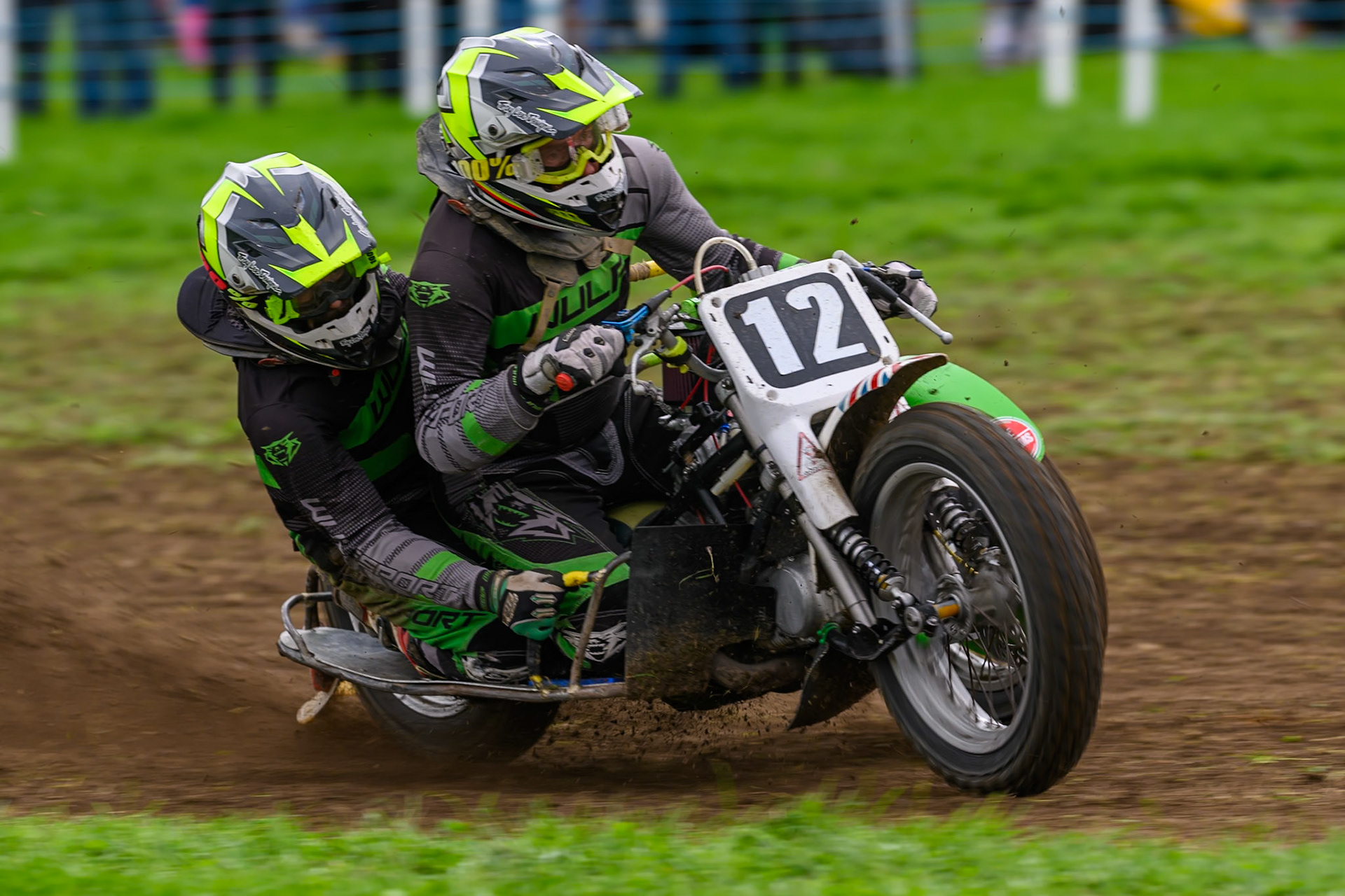 British Masters 1000cc Sidecars: Neal Owen/Jason Farwell (12) during the British Masters Grasstrack Championship at Lower Marsh Farm, Much Hoole, Preston in Lancashire, England on Sunday 13th September 2026. (Photo: Ian Charles | MI News)