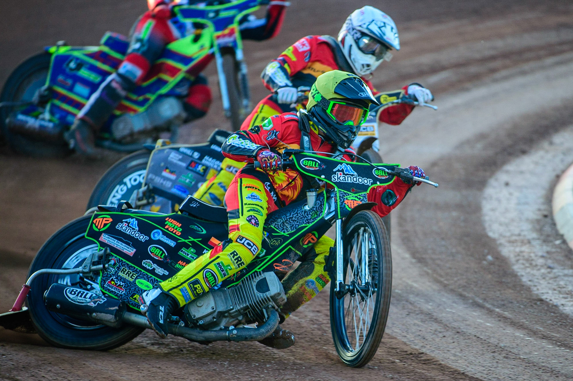 Max Perry  (Yellow) leads team mate Dan Thompson   (White) during the National Development League match between Belle Vue Aces and Leicester Lions at the National Speedway Stadium, Manchester on Friday 19th August 2022. (Credit: Ian Charles | MI News)