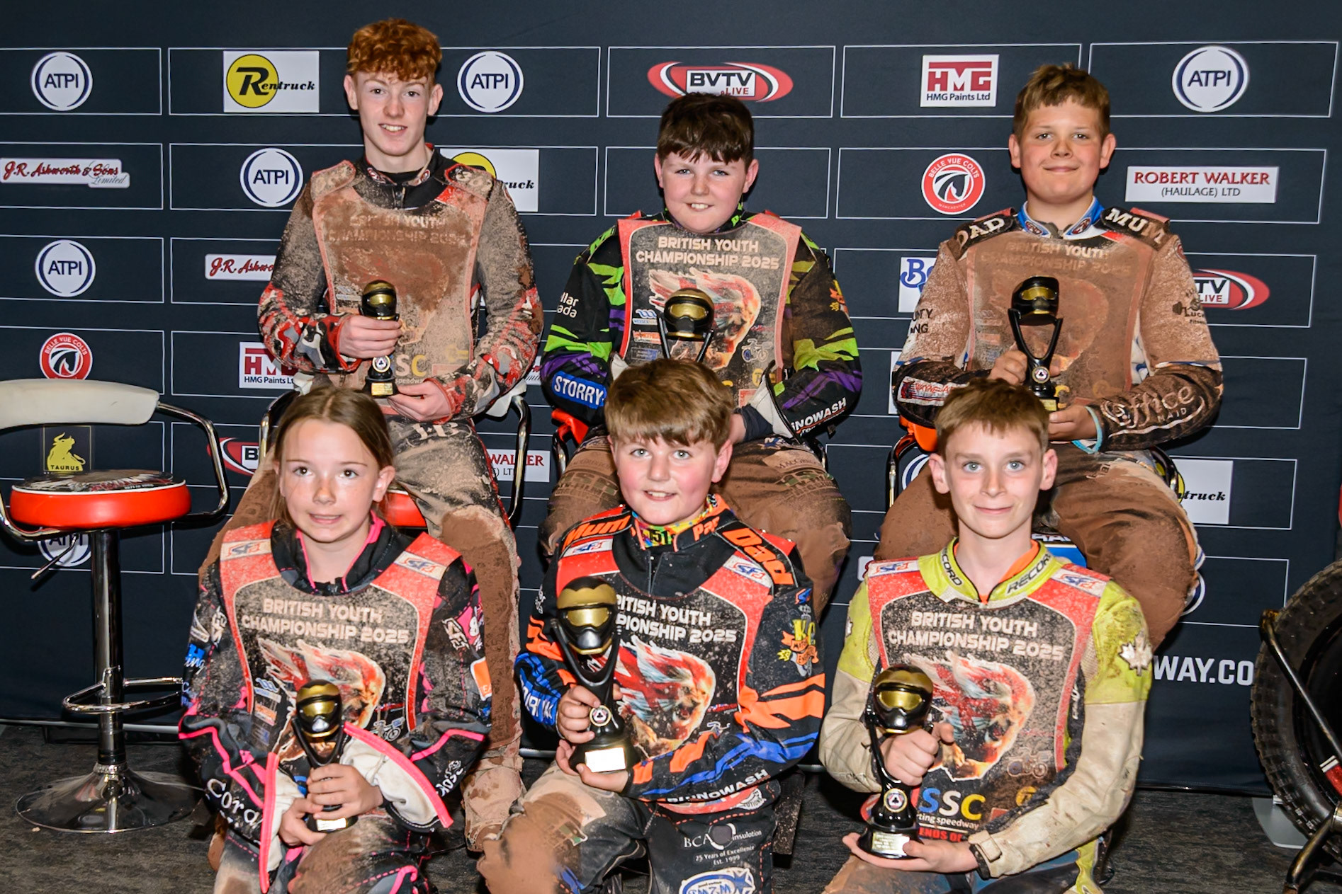All The winners:Rear (L to R) Charlie Luckman (125cc 3rd), Lewis Hague (125cc  1st) and Reuben Marsh i25cc 2nd)Kneeling: (L to R) Jessica Cox (Support Class 3rd), Callum Hague (Support Class 1st), and Douglas Marshall (Support Class 2nd)during the British Youth Championship (125cc) Round 2A, at the National Speedway Stadium, Manchester on Sunday 1st June 2025. (Photo: Ian Charles | MI News)