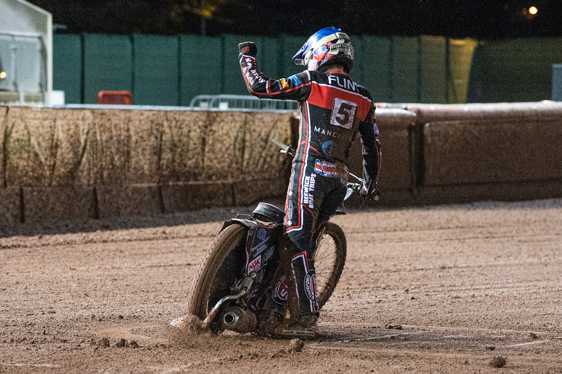 Photo: Ian Charles

Leon Flint  does a celebratory Do-Nut

Belle Vue Colts v Mildenhall Fen Tigers, National League, Belle Vue National Speedway Stadium, Manchester, Monday 2  September  2019