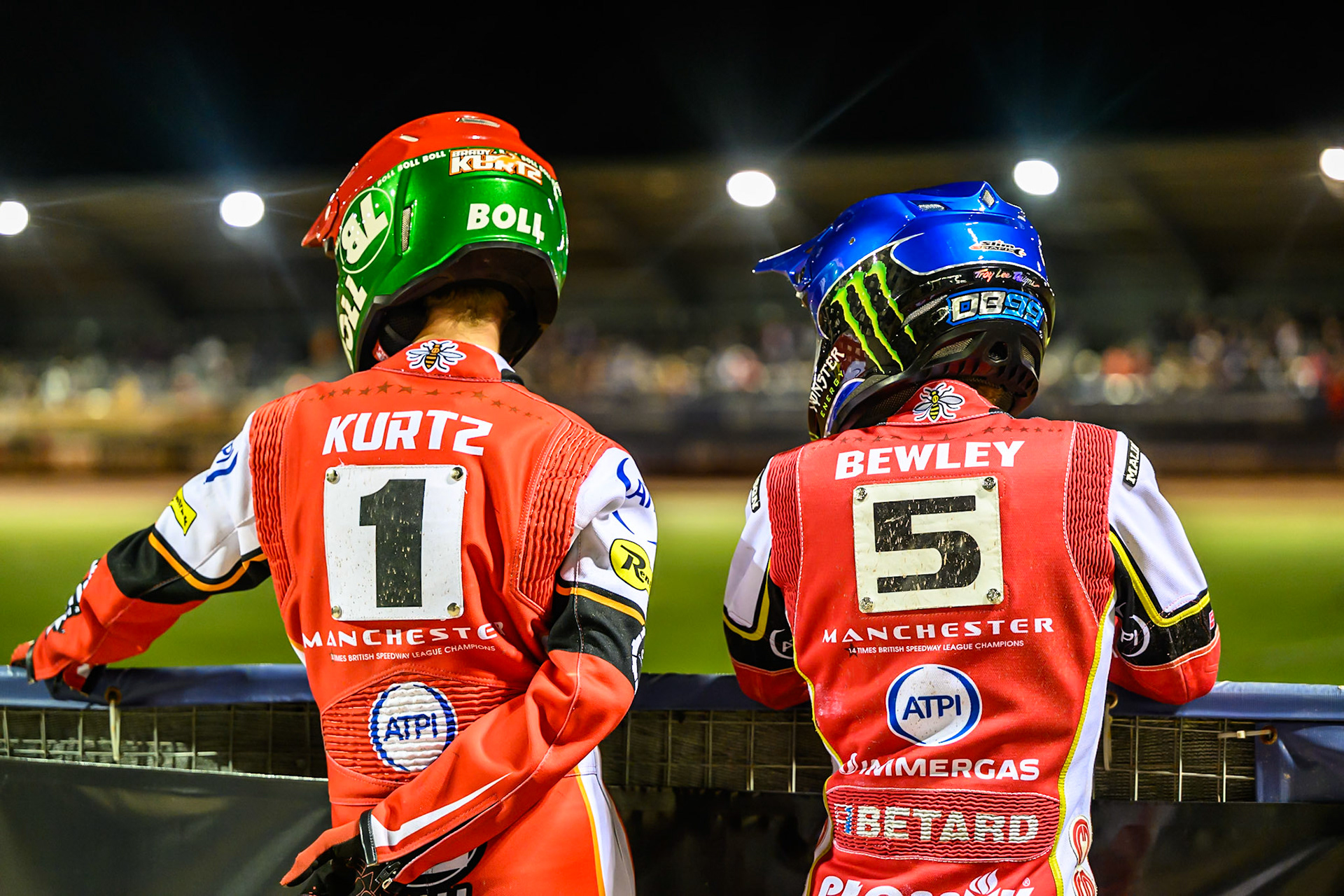 Brady Kurtz of Belle Vue Aces  (Left) and Dan Bewley of Belle Vue Aces  watch the track prep during the Rowe Motor Oil Premiership Play Off Semi Final 1 (1st Leg)  between Belle Vue Aces and Ipswich Witches at the National Speedway Stadium, Manchester on Monday 8th September 2025. (Photo: Ian Charles | MI News)
