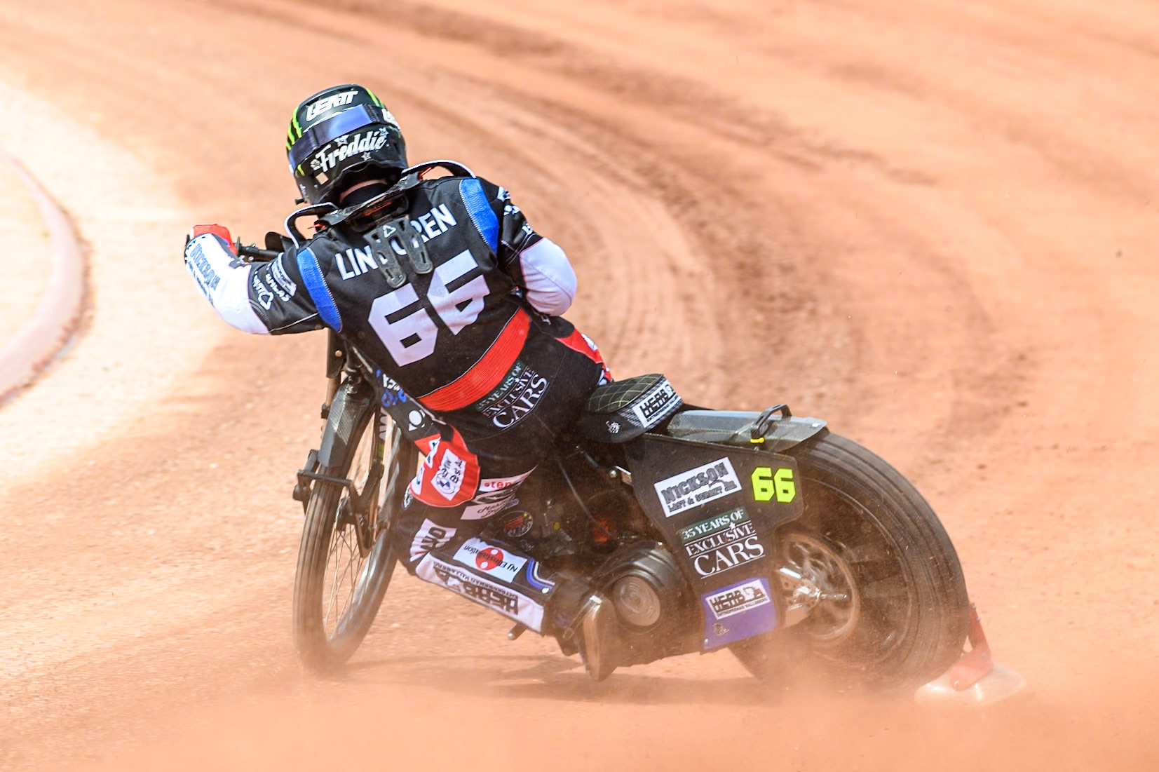 Fredrik Lindgren (66) of Sweden in the qualifying session during the ATPI FIM Speedway Grand Prix Round 4 at the National Speedway Stadium, Manchester, on Friday 6th June 2025. (Photo: Ian Charles | MI News)