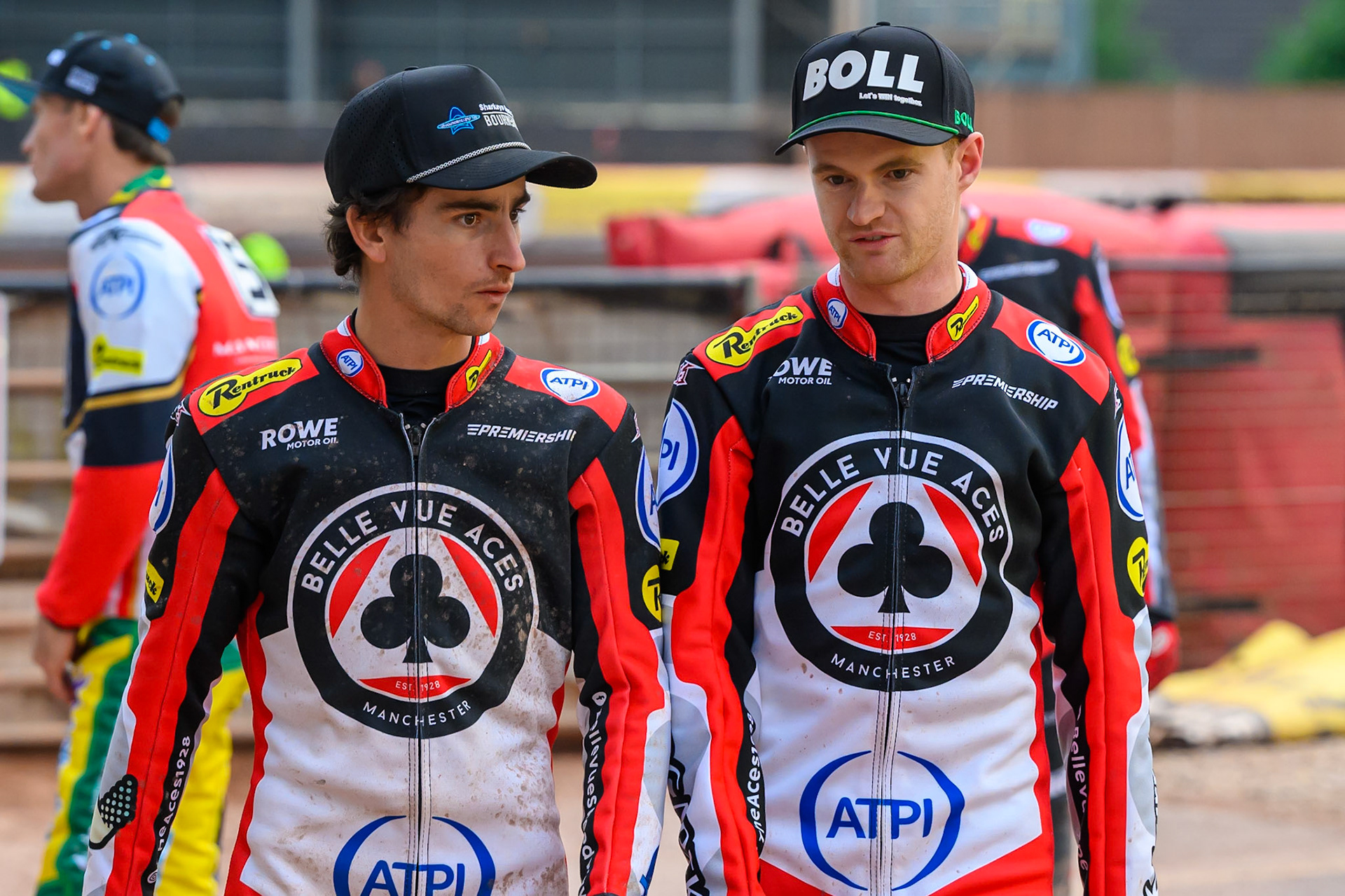 Zach Cook of Belle Vue Aces (Left) chats with Brady Kurtz of Belle Vue Aces  during the Rowe Motor Oil Premiership match between Belle Vue Aces and Leicester Lions at the National Speedway Stadium, Manchester on Monday 15th June 2026. (Photo: Ian Charles | MI News)