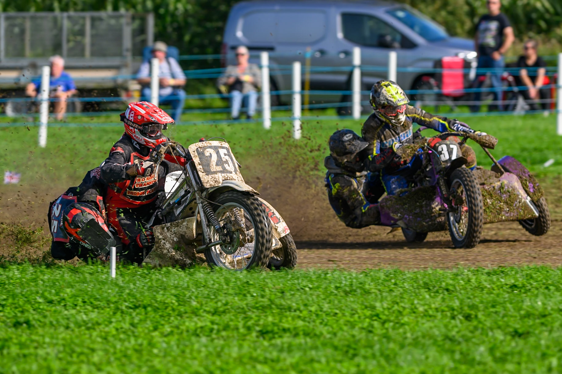 British Masters 1000cc Sidecars: Colin Blackbourn/Carl Pugh (25) leading Mark Cossar/Wayne Rickards (37)  during the British Masters Grasstrack Championship at Lower Marsh Farm, Much Hoole, Preston in Lancashire, England on Sunday 13th September 2026. (Photo: Ian Charles | MI News)