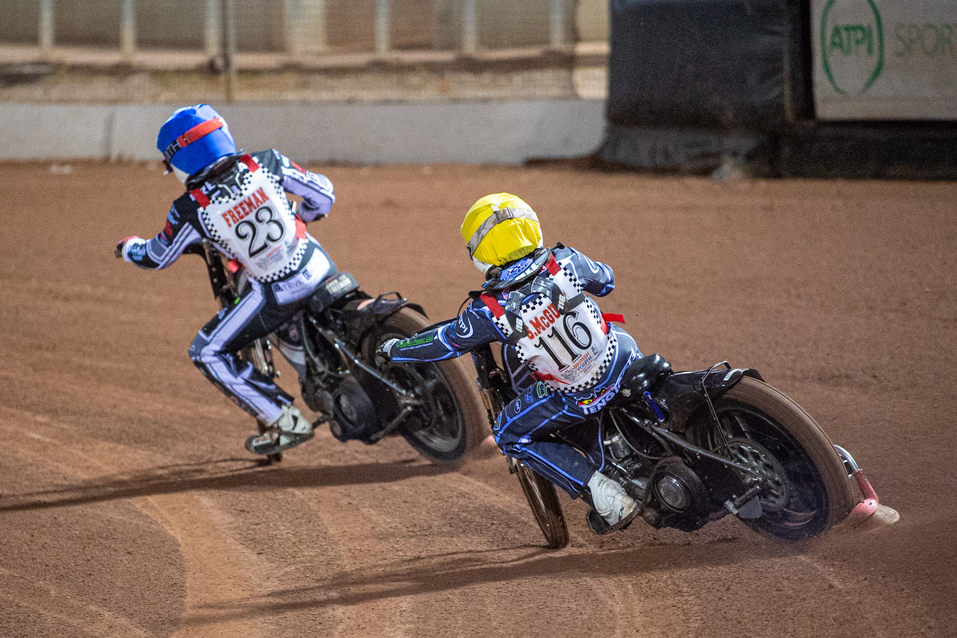 Photo: Ian CharlesSam McGurk (Yellow) chases Archie Freeman (Blue) (500cc A Class)British Youth Speedway Championship (Round 5), National Speedway Stadium, Manchester Saturday  10  October  2020