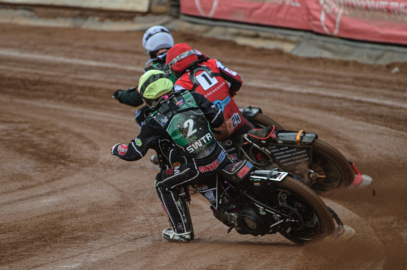 MANCHESTER, UK. APR 15TH   Connor King  (Yellow) chases Jack Smith  (Red) and Dan Gilkes  (White) during the National Development League match between Belle Vue Colts and Plymouth Centurions at the National Speedway Stadium, Manchester on Friday 15th April 2022. (Credit: Ian Charles | MI News)