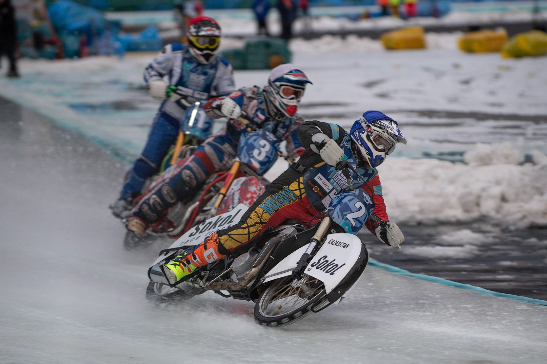 BERLIN GERMANY  - February 29  Vladimir Cheblokov of Kazakhstan (Blue) leads Jan Klatovsky(White) and Pavel Nekrasov (Red)  during theIce Speedway of Nations (Day 1) at the Horst-Dohm-Eisstadion, Berlin,  on Saturday 29 February 2020. (Credit: Ian Charles | MI News)