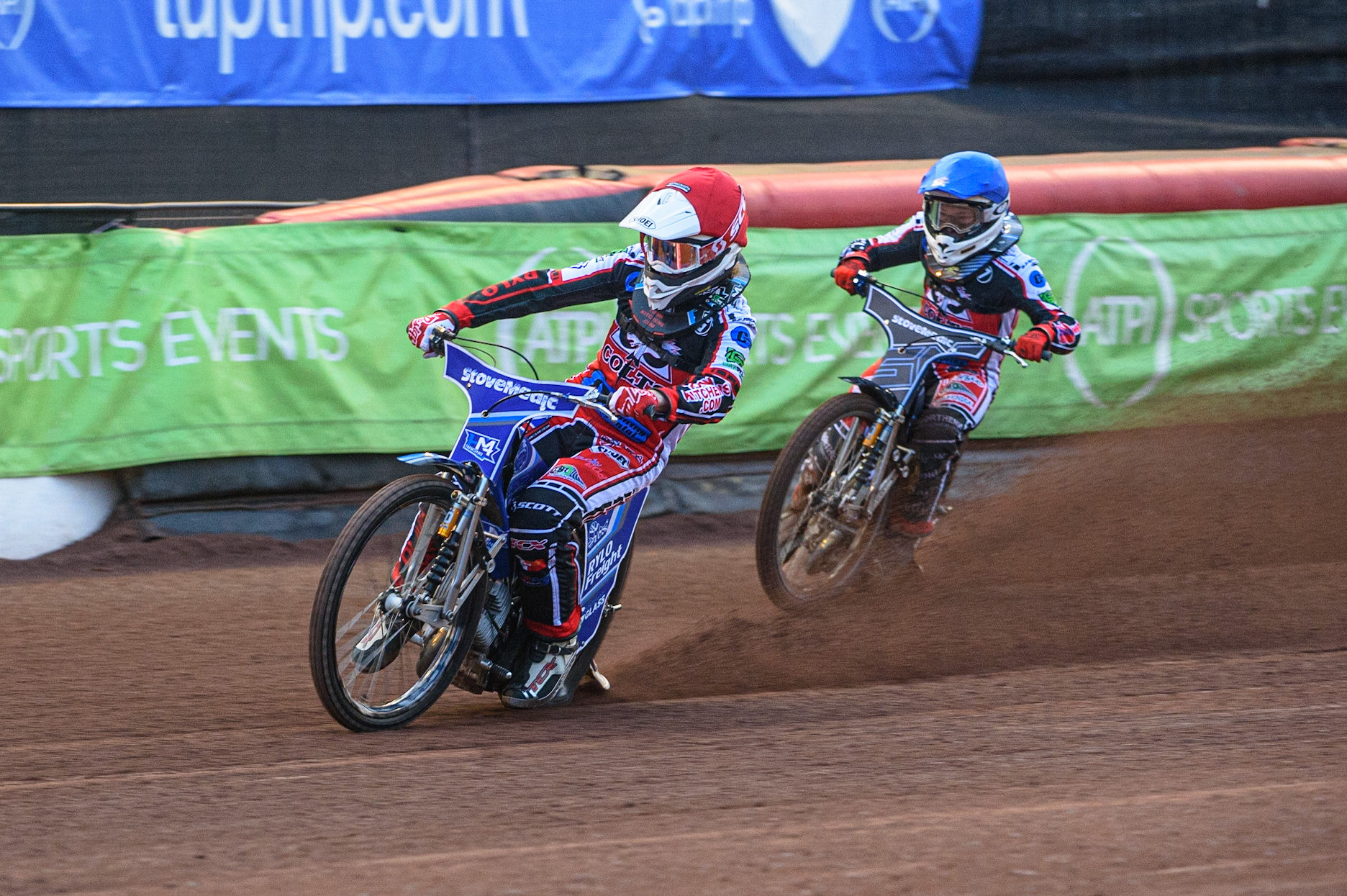 MANCHESTER, UK. MAY 28TH  Belle Vue Cool Running Colts  brothers Harry McGurk (Red) and Sam McGurk (Blue) go for maximum heat points during the SGB National Development League match between Belle Vue Colts and Berwick Bullets at the National Speedway Stadium, Manchester on Friday 28th May 2021. (Credit: Ian Charles | MI News)