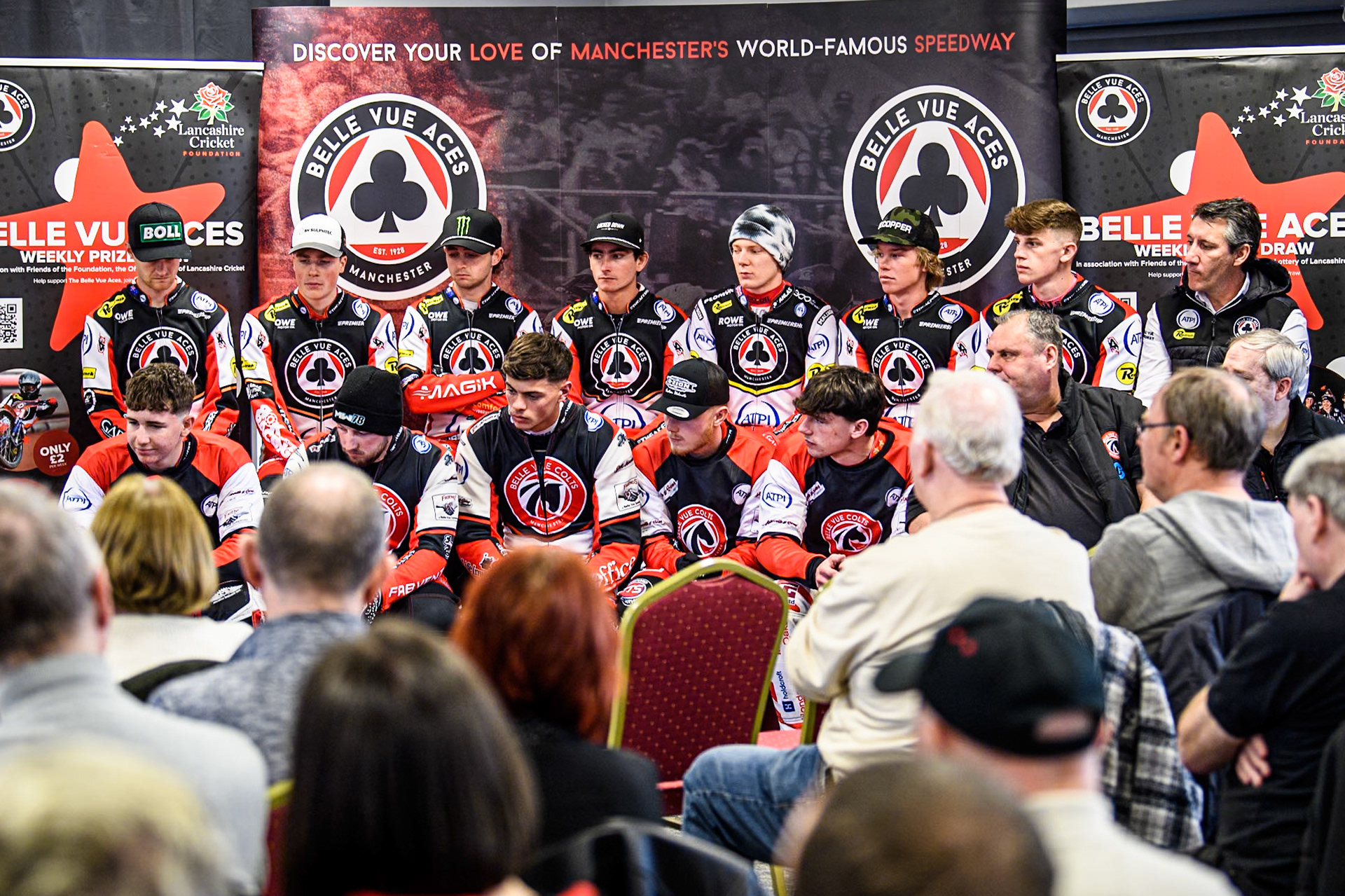 Both teams face the fans at the Press Conference during the Belle Vue Aces Media Day at the National Speedway Stadium, Manchester on Wednesday 12th March 2025. (Photo: Ian Charles | MI News)