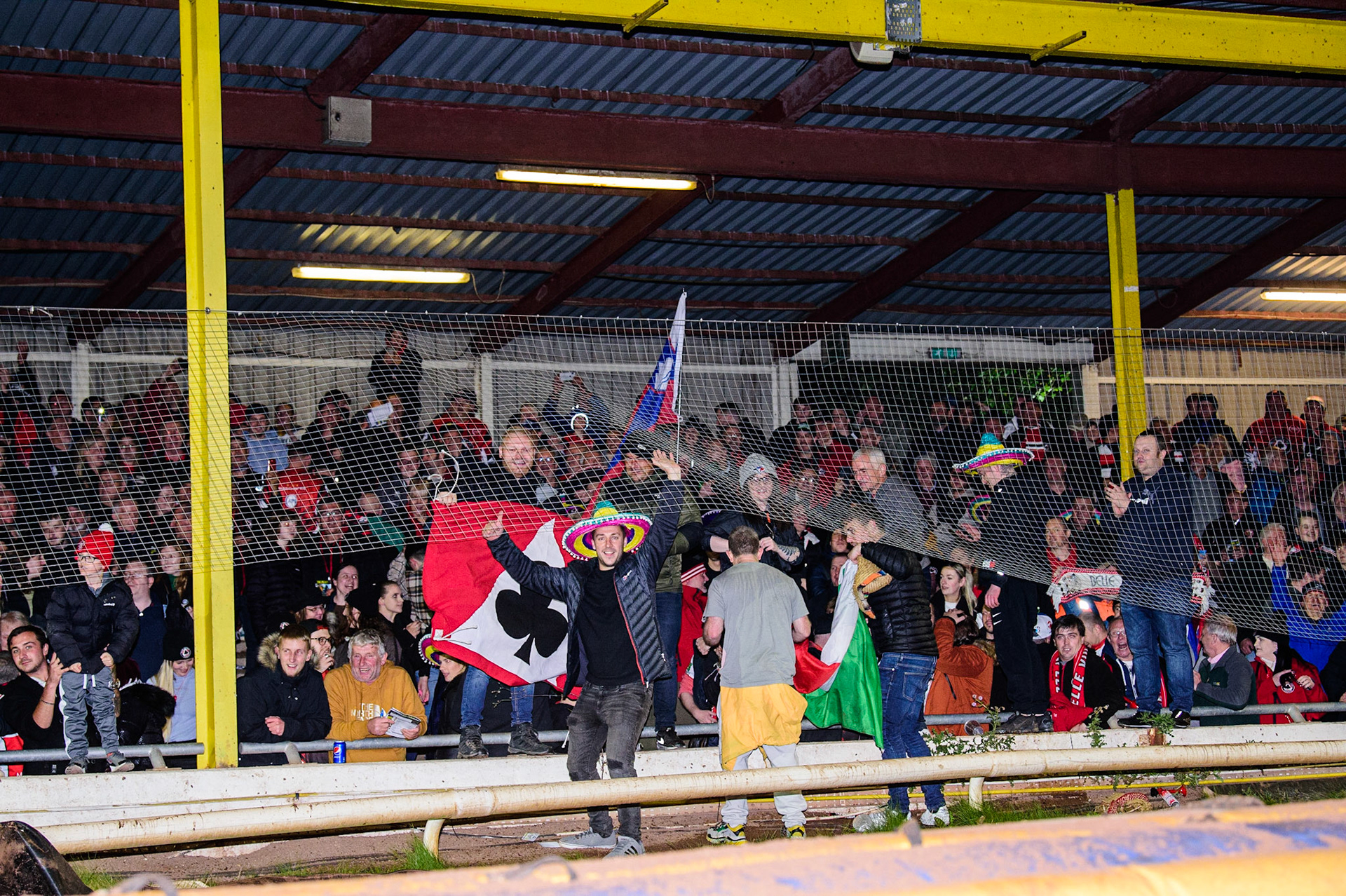 The Belle Vue Fans celebrate during the SGB Premiership Grand Final 2nd Leg between Sheffield Tigers and Belle Vue Aces at Owlerton Stadium, Sheffield on Thursday 13th October 2022. (Credit: Ian Charles | MI News)