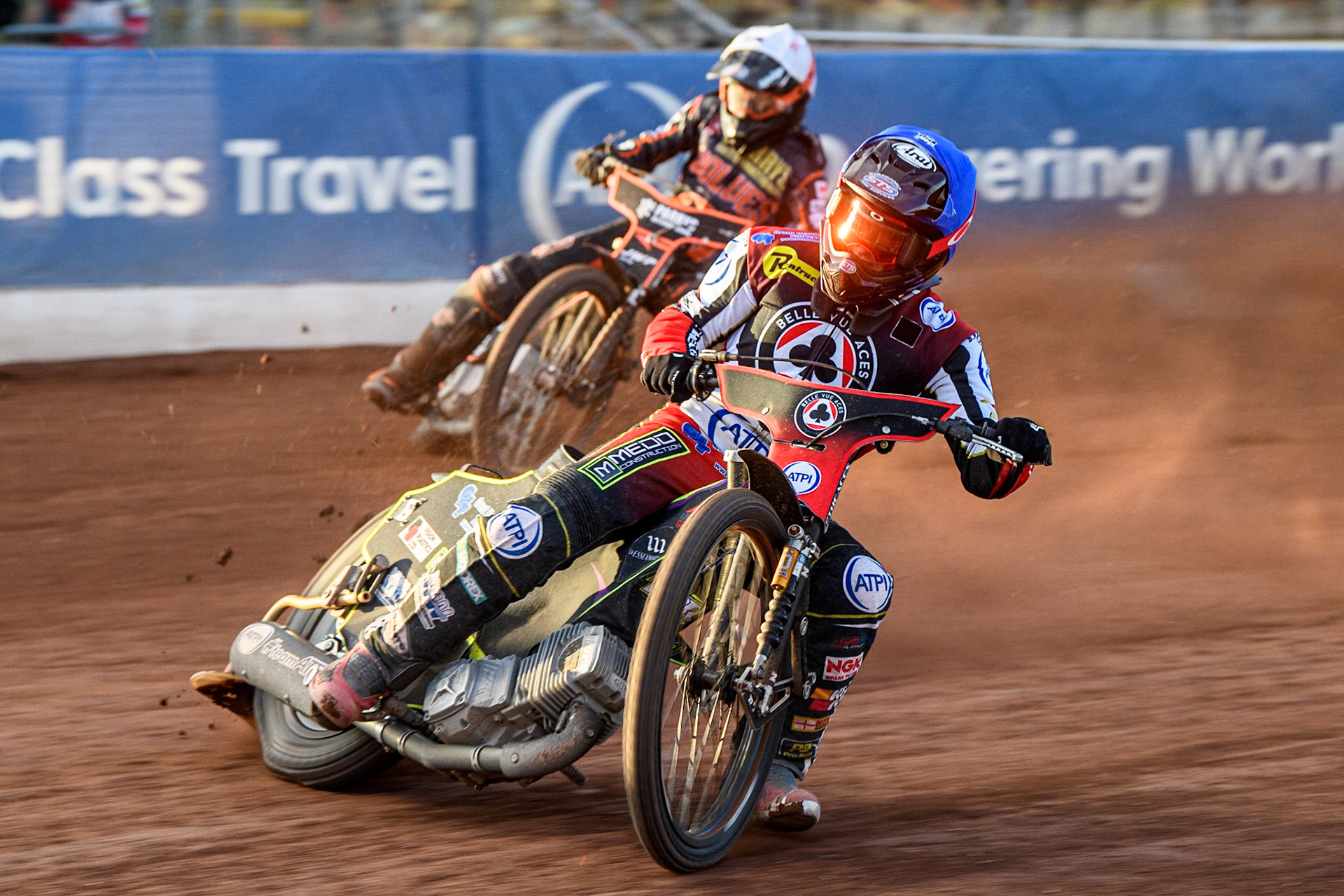 Charles Wright (Blue) leads Ryan Douglas (White) during the Sports Insure Premiership match between Belle Vue Aces and Wolverhampton Wolves at the National Speedway Stadium, Manchester on Monday 3rd July 2023. (Photo: Ian Charles | MI News)