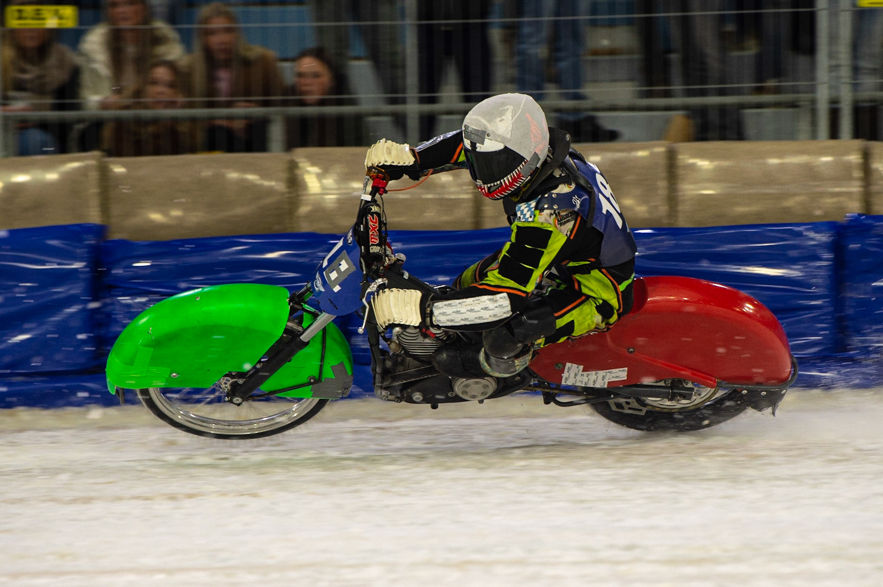 HEERENVEEN, NL. Benedict Monn (18) in action during the FIM Ice Speedway Gladiators World Championship Final 3 at Ice Rink Thialf, Heerenveen on Saturday  2 April 2022. (Credit: Ian Charles | MI News)