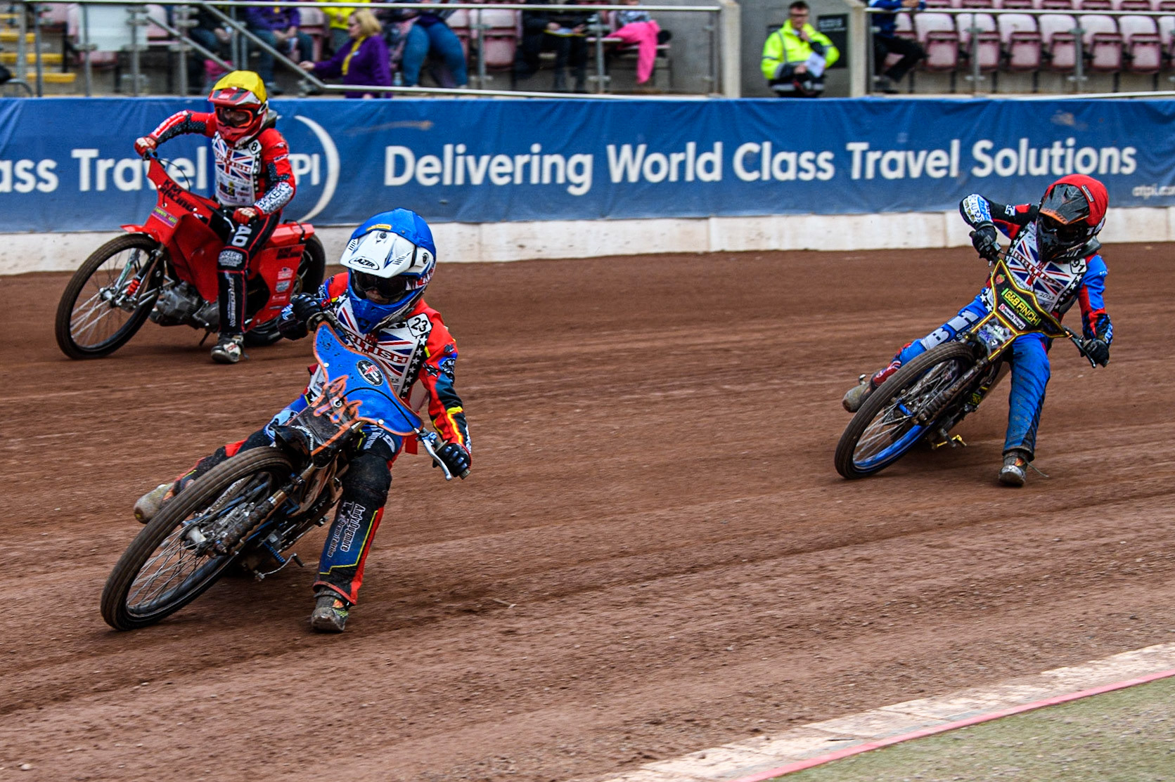 Harry Fletcher (Blue) leads Oliver Binns  (Red) and Kayden Munday  (Yellow) during the British Youth Championships at the National Speedway Stadium, Manchester on Friday 12th May 2023. (Photo: Ian Charles | MI News)
