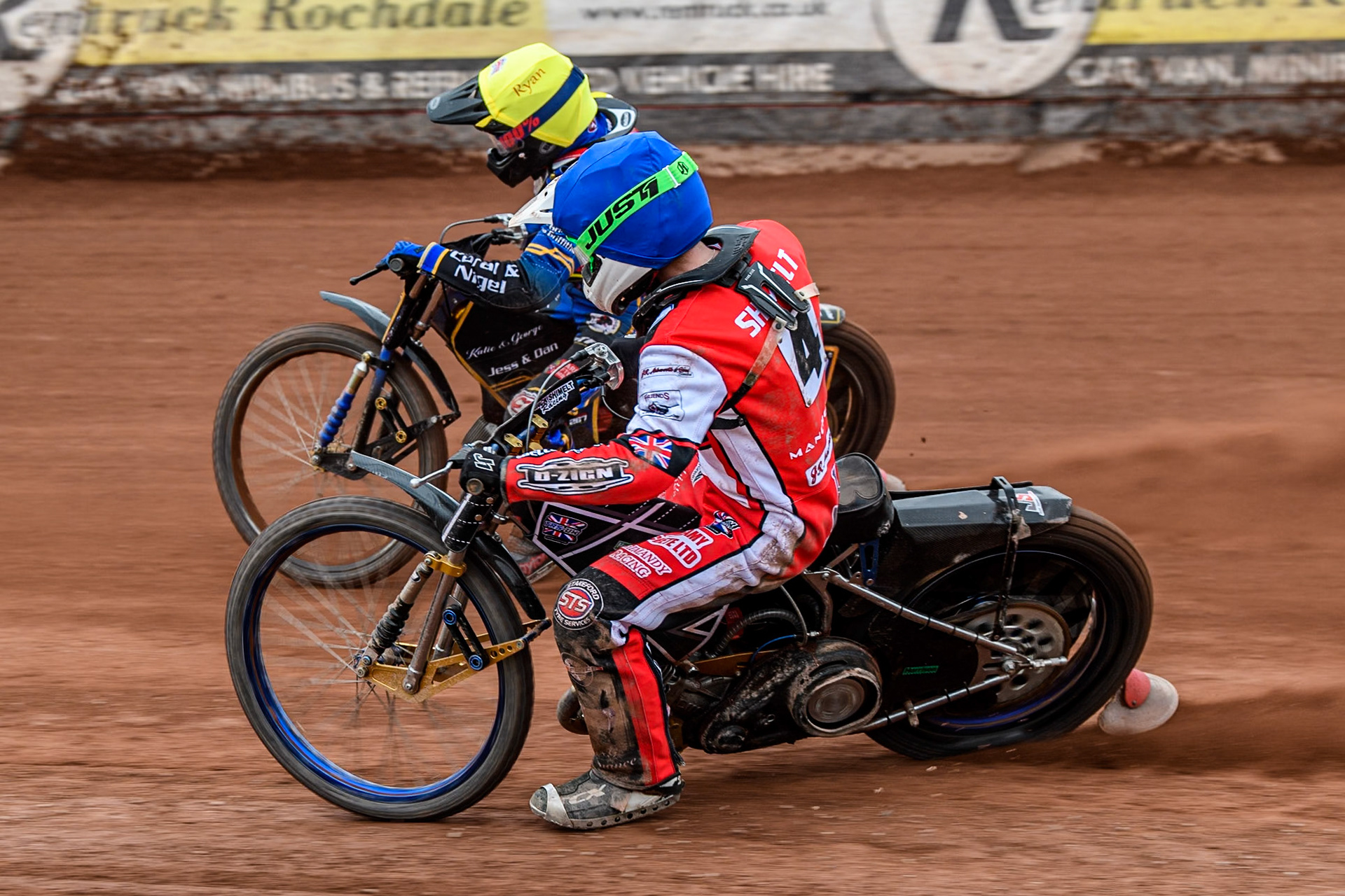 Belle Vue Colts' Jack Shimelt  in Blue rides inside Leicester Lion Cubs' Eli Meadows  in Yellow during the WSRA National Development League match between Belle Vue Colts and Leicester Lion Cubs at the National Speedway Stadium, Manchester on Friday 18th April 2025. (Photo: Ian Charles | MI News)