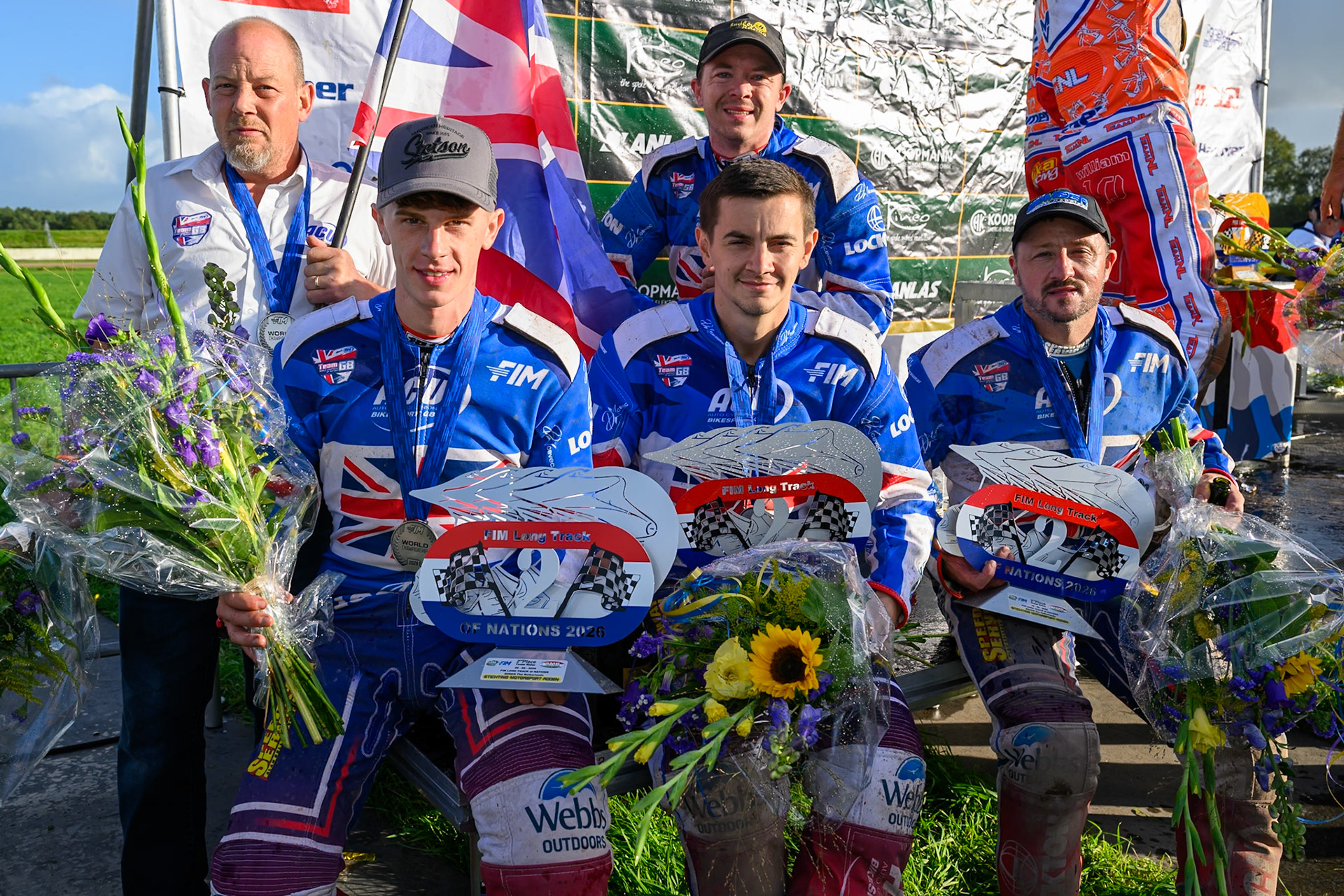 The Great Britain team: (L to R) Mitch Godden, Team Manager, Jake Mulford, Zach Wajtknecht, James Shanes (rear), Chris Harris after finishing second during the FIM Long Track of Nations 2026 at the Speed Centre Roden in the Netherlands on Sunday 20th September 2026. (Photo: Ian Charles | MI News)