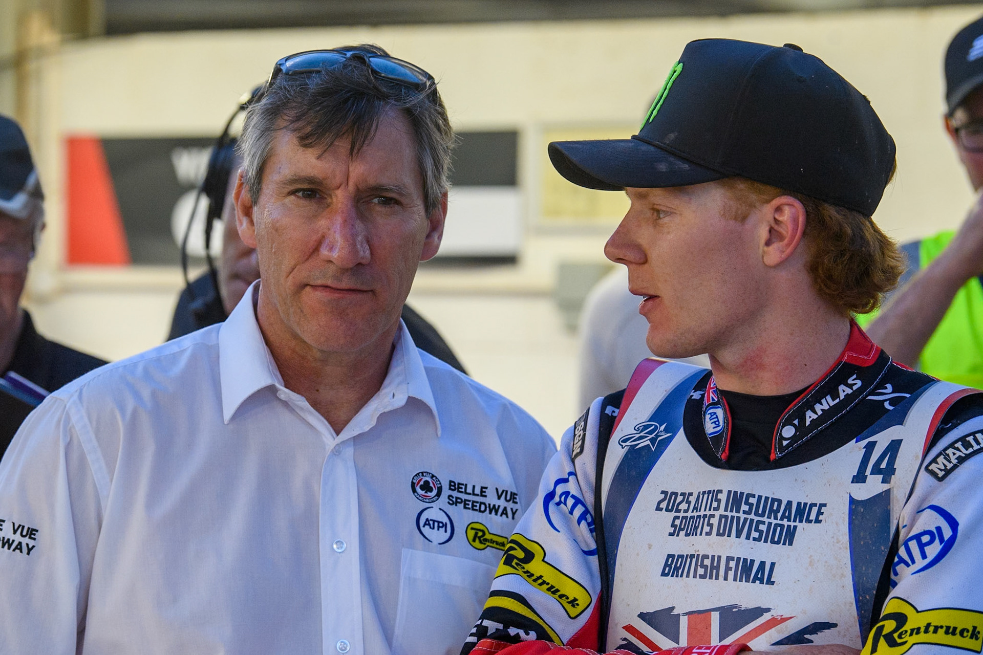 Belle Vue CEO Mark Lemon (Left) with Dan Bewley during the Attis Insurance Sports Division British Final at the National Speedway Stadium, Manchester on Monday 12th May 2025. (Photo: Ian Charles | MI News)