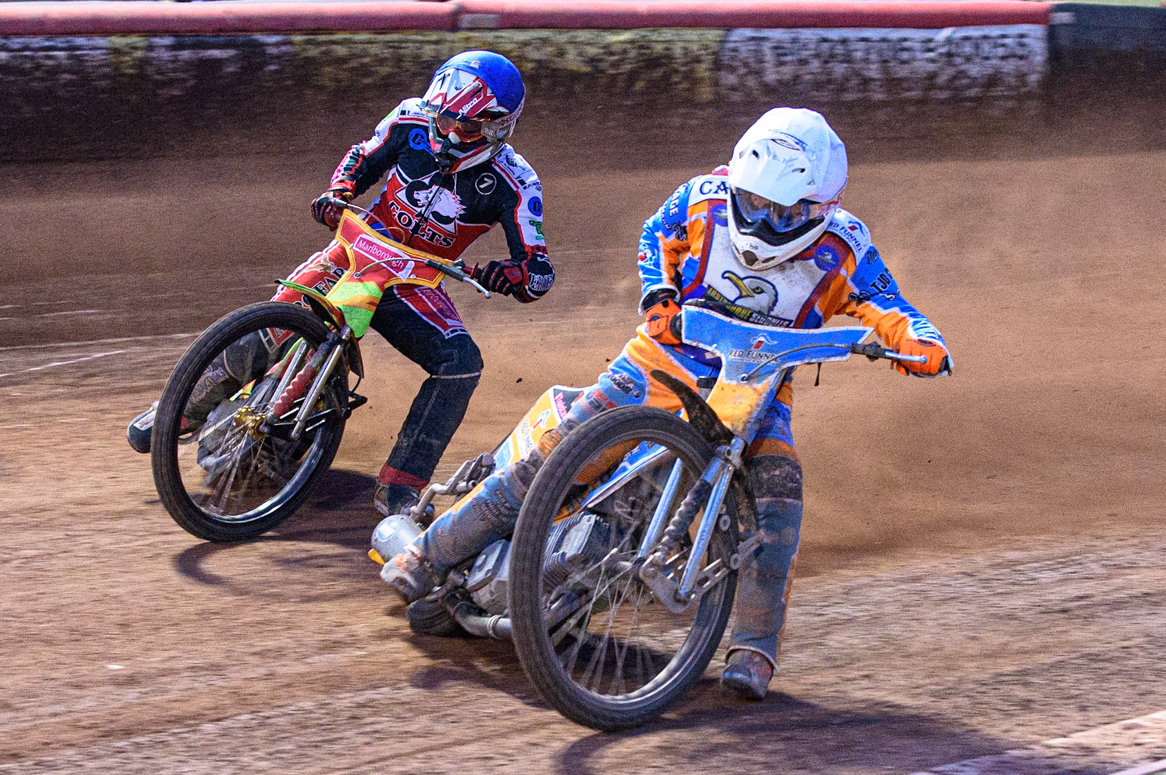 MANCHESTER, UK. JULY 23RD Danno Verge  (White) inside Ben Woodhull  (Blue) during the National Development League match between Belle Vue Colts and Eastbourne Seagulls at the National Speedway Stadium, Manchester on Friday 23rd July 2021. (Credit: Ian Charles | MI News)
