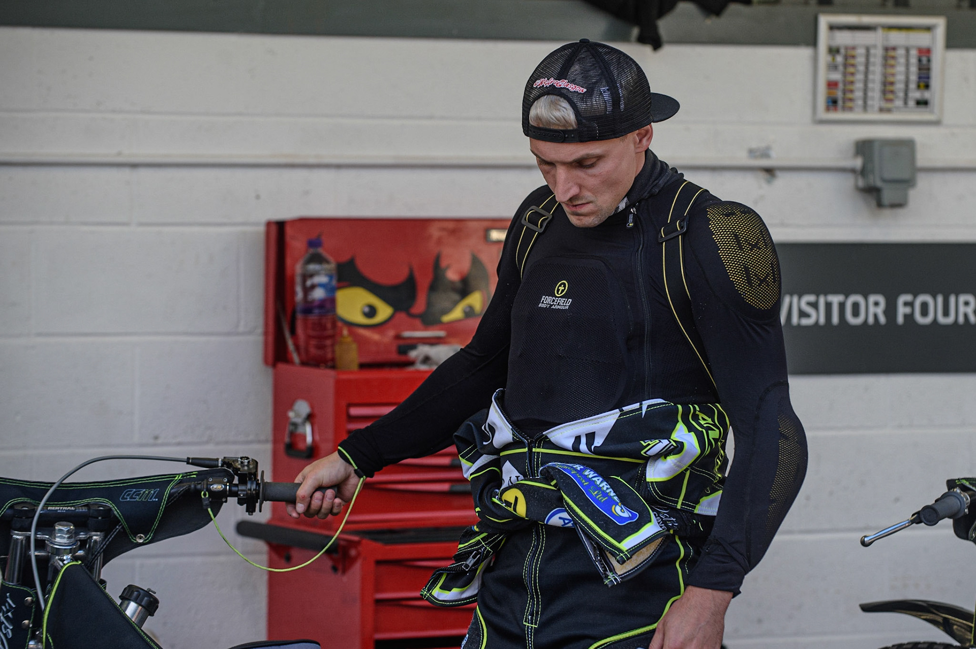MANCHESTER UKIpswich TruPlant Witches rider Craig Cook   warms up his bike during the SGB Premiership match between Belle Vue Aces and Ipswich Witches at the National Speedway Stadium, Manchester on Monday 2nd August 2021. (Credit: Ian Charles | MI News)