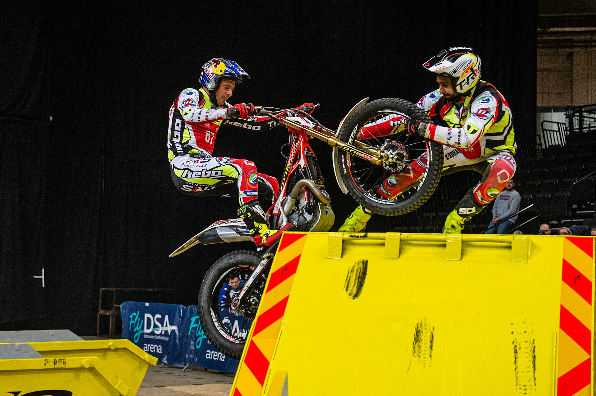 SHEFFIELD, ENGLAND  - DECEMBER 28TH   Adam Raga, Spain (TRRS) struggles on the final section of the final, as his minder grabs the wheel during the 25th Anniversary Sheffield Indoor Trial at the FlyDSA Arena, Sheffield on Saturday 28th December 2019. (Credit: Ian Charles | MI News)