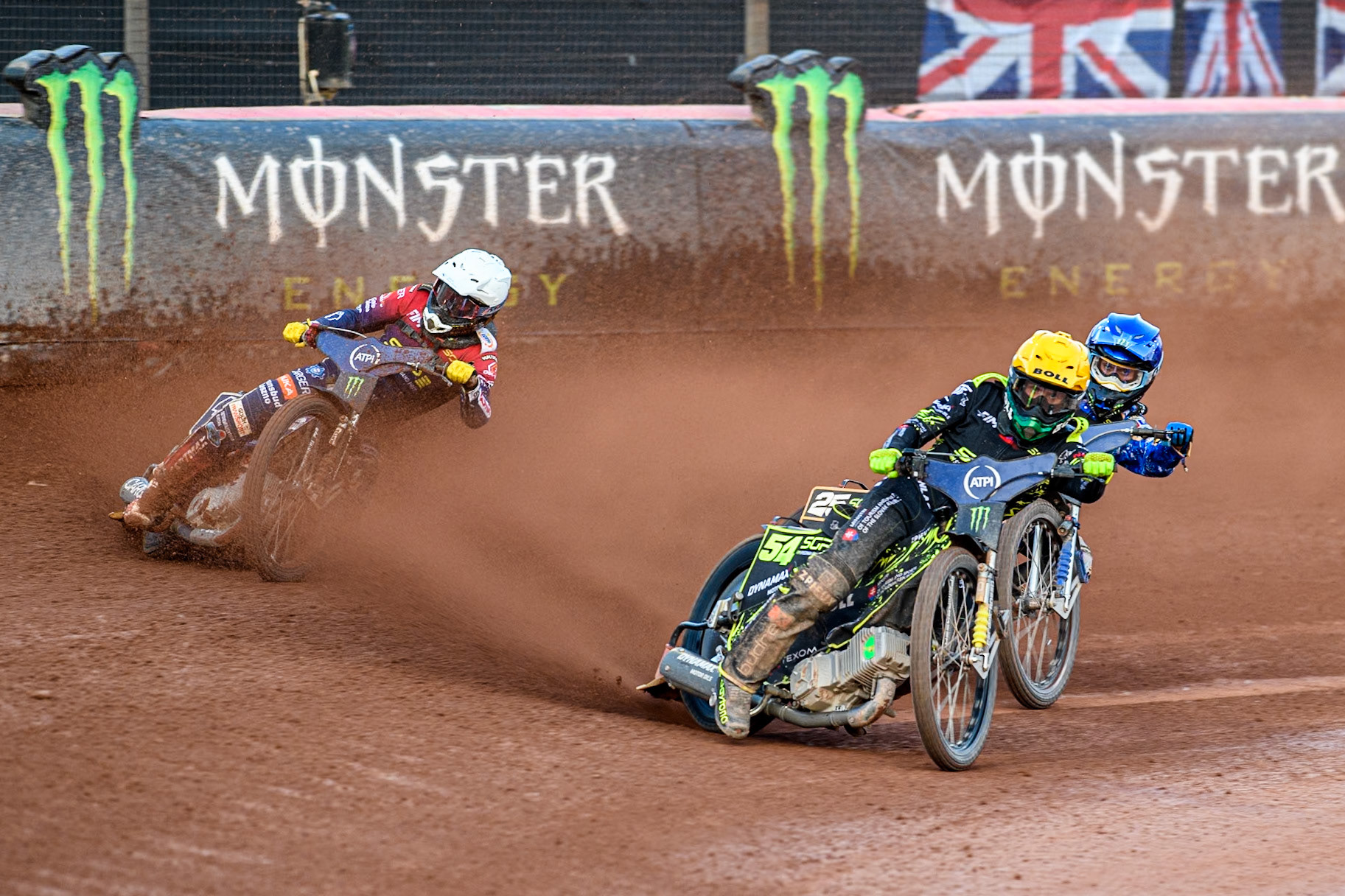 Last Chance Qualifier 1: Martin Vaculik (54) of Slovakia in Yellow leading Jack Holder (25) of Australia in Blue and Dominik Kubera (415) of Poland in White during the ATPI FIM Speedway Grand Prix Round 5 at the National Speedway Stadium, Manchester, on Saturday 14th June 2025. (Photo: Ian Charles | MI News)
