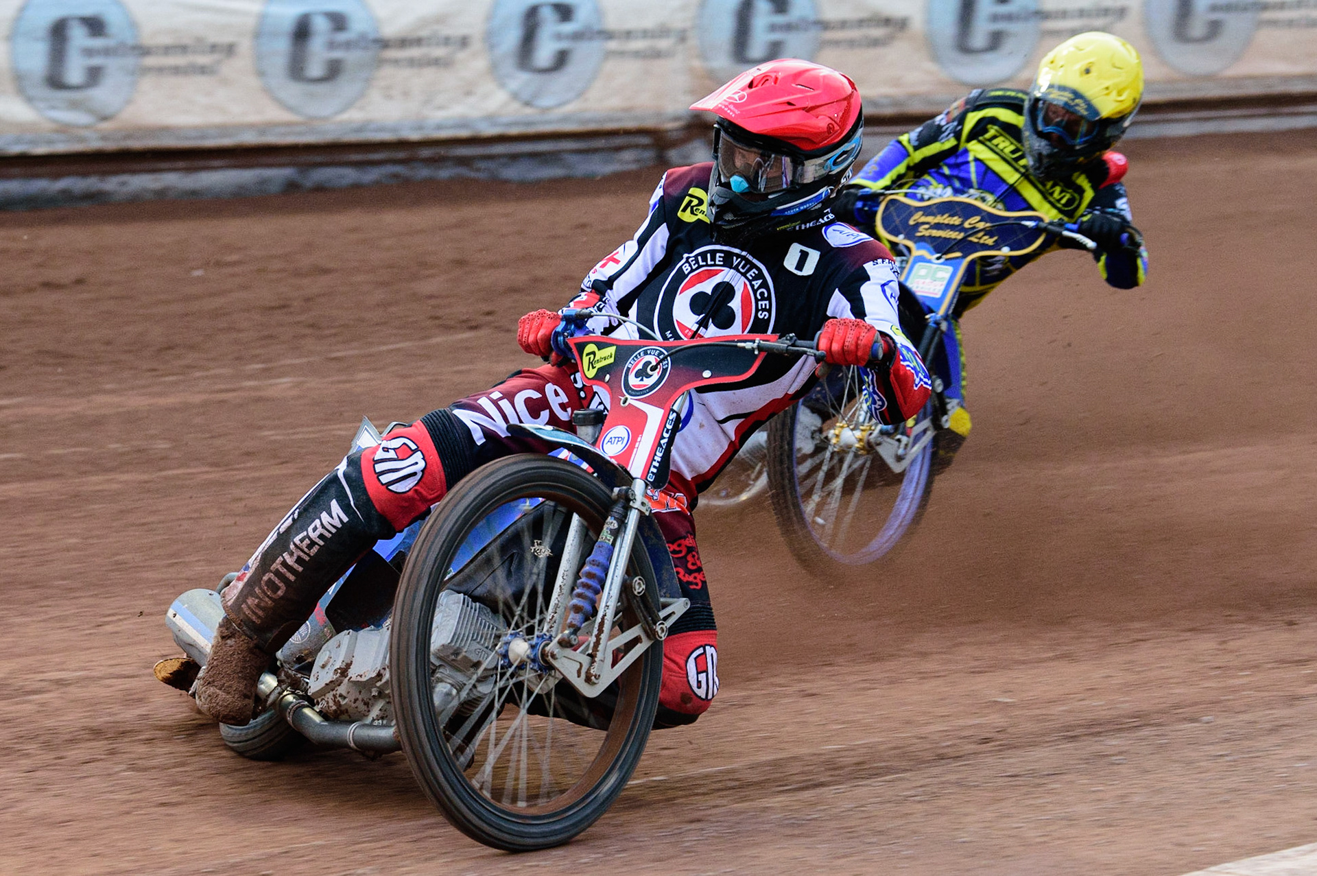 MANCHESTER, UK. JUL 5TH  Matej Zagar  (Red) leads Kyle Howarth  (Yellow)  during the SGB Premiership match between Belle Vue Aces and Sheffield Tigers at the National Speedway Stadium, Manchester on Tuesday 5th July 2022. (Credit: Ian Charles | MI News)