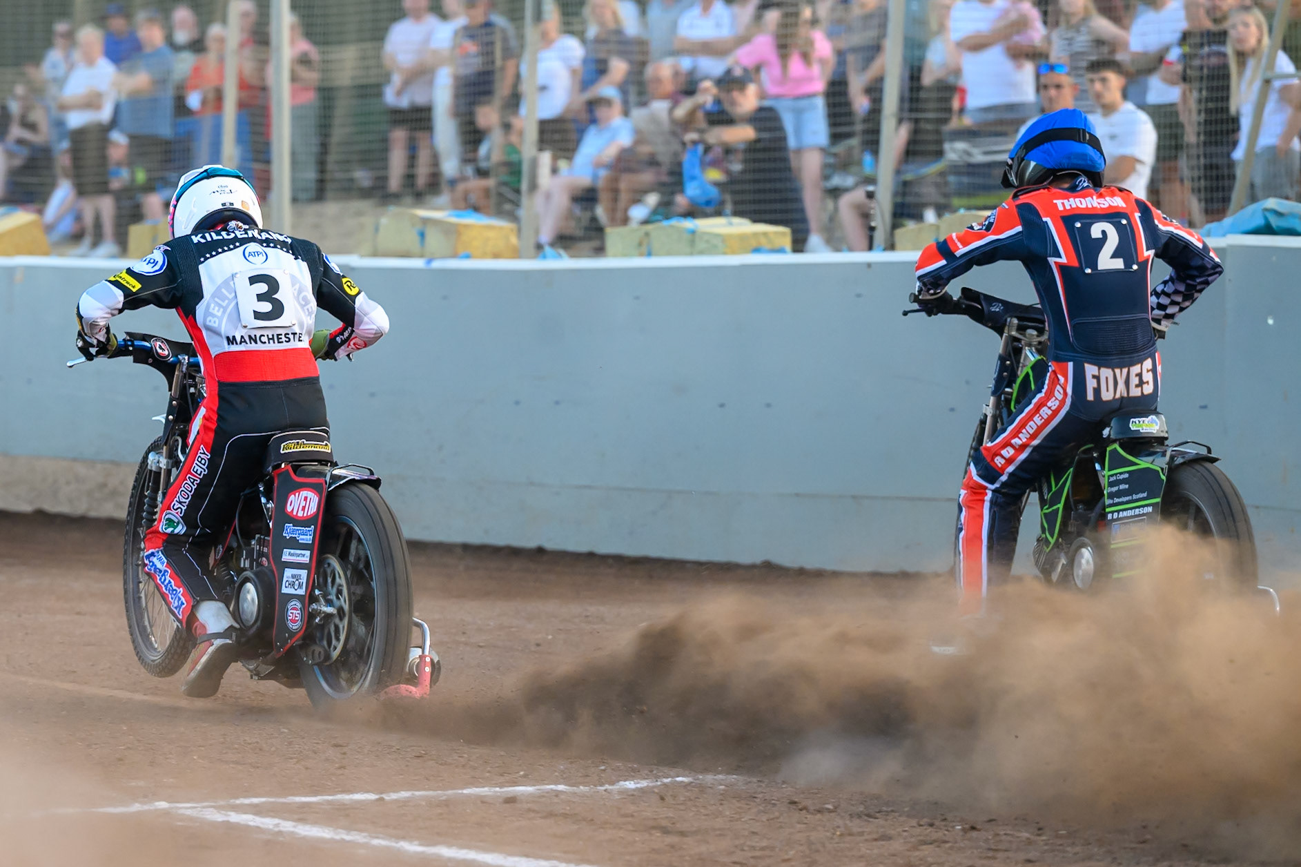 Peter Kildemand of Belle Vue Aces  in White and Kye Thomson of Northampton Foxes in Blue leave the start line during the Rowe Motor Oil Premiership match between Northampton Foxes and Belle Vue Aces at Northampton International Shaleway, Northampton on Thursday 13th August 2026. (Photo: Ian Charles | MI News)