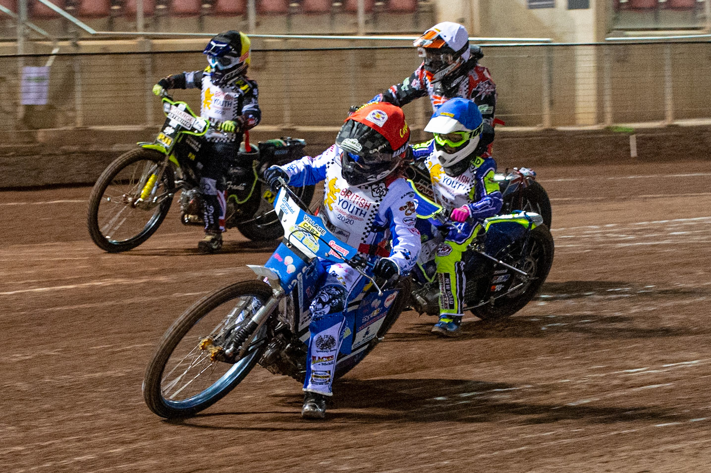 Photo: Ian CharlesCaydin Martin (Red) leads Oliver Bovington (Blue) Harrison Rogers (White) and Jack Franklin (Yellow) (125cc B Class)British Youth Speedway Championship (Round 5), National Speedway Stadium, Manchester Saturday  10  October  2020