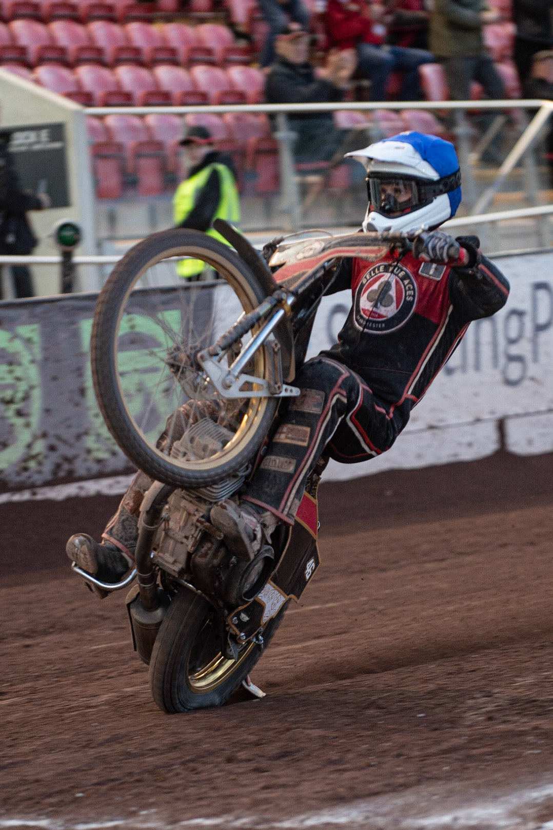 Photo: Ian Charles

Max Fricke  pulls a wheelie

Belle Vue Aces v Swindon Robins, British Speedway Premiership, Belle Vue National Speedway Stadium, Manchester, Monday 20  May  2019