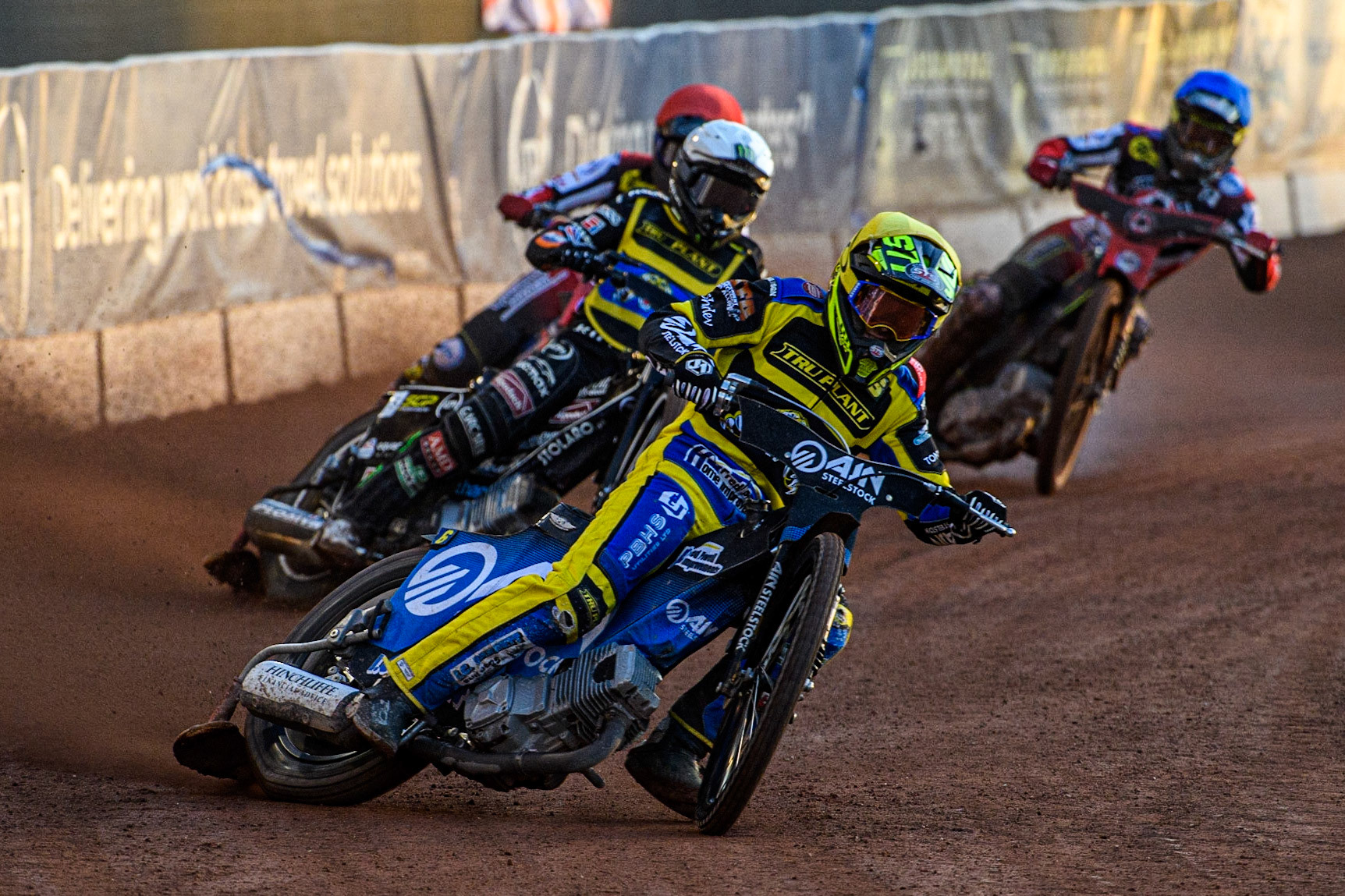 Lewis Kerr  (Yellow) leads Tai Woffinden (White), Brady Kurtz (Red) and Tom Brennan (Blue) during the Sports Insure Premiership match between Belle Vue Aces and Sheffield Tigers at the National Speedway Stadium, Manchester on Monday 7th August 2023. (Photo: Ian Charles | MI News)
