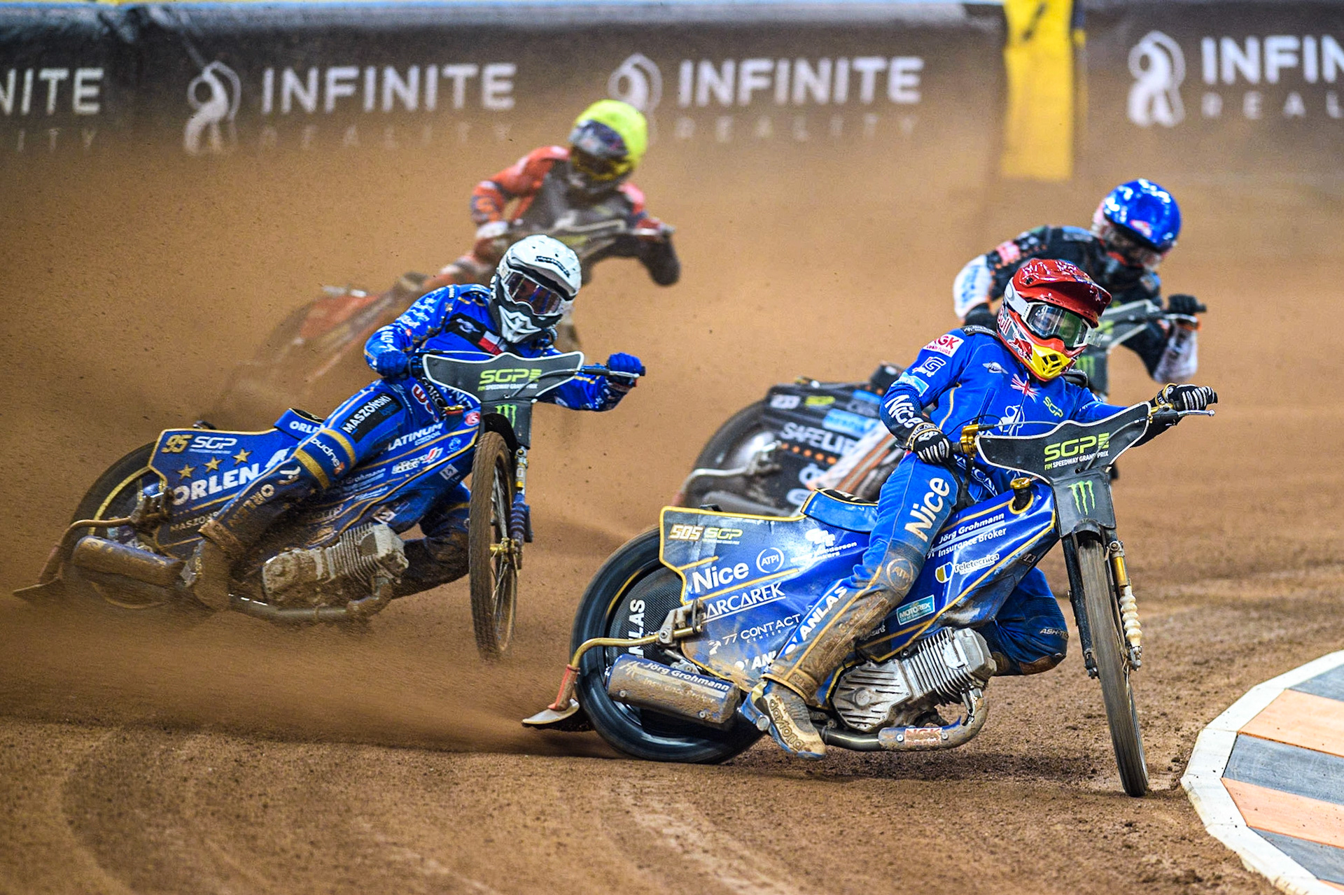 Robert Lambert (505) (Red) leads  Bartosz Zmarzlik (95) (White)  Kim Nilsson (233) (Blue) and Steve Worrall (16) (Yellow)  during the FIM Speedway Grand Prix of Great Britain at the Principality Stadium, Cardiff on Saturday 2nd September 2023. (Photo: Ian Charles | MI News)