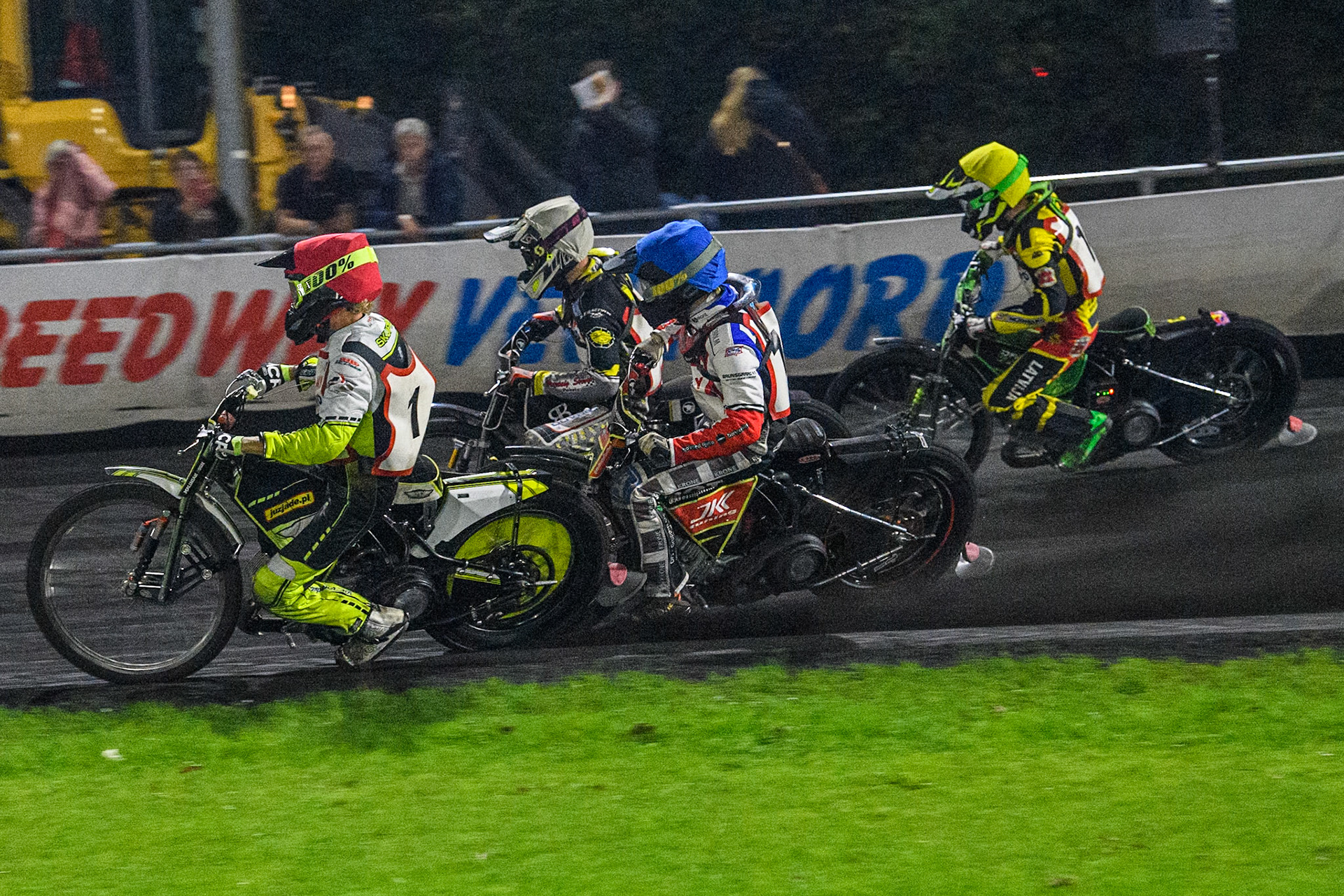 Lars Skupien of Poland in Red leading Patrick Baek of Denmark in Blue, Mika Meijer of The Netherlands in White and Damirs Filimonov of Latvia in Yellow in Final 1 during the Golden JOPA Helmet at Sportpark Veenoord, Veenoord, Netherlands on Saturday 21st September 2024. (Photo: Ian Charles | MI News)