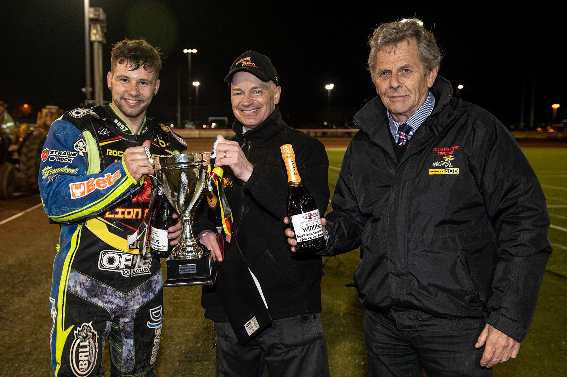 Photo: Ian Charles

Cubs skipper Danyon Hume (left) with team manager David Howard and co-Promoter Neil Machin (right)

Belle Vue Colts v Leicester Lion Cubs, SGB National League KO Cup Final (2nd Leg), Belle Vue National Speedway Stadium, Manchester, Tuesday 29  October  2019