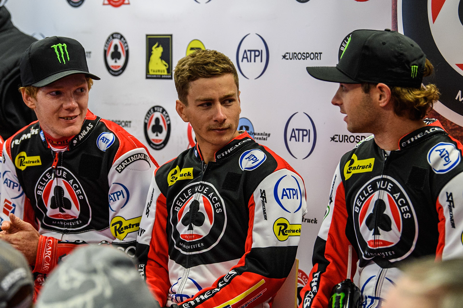 (l-r) Dan Bewley, Ben Cook and Jaimon Lidsey at the Press Conference during the Belle Vue Aces Media Day at the National Speedway Stadium, Manchester on Monday 11th March 2024. (Photo: Ian Charles | MI News)