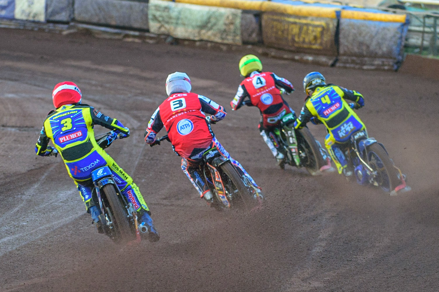 SHEFFIELD, UK. APR 14TH   Tobiasz Musielak  (Red) chases Jake Allen   (White), Kyle Howarth  (Blue) and Charles Wright  (Yellow) during the SGB Premiership League Cup match between Sheffield Tigers and Belle Vue Aces at Owlerton Stadium, Sheffield on Thursday 14th April 2022. (Credit: Ian Charles | MI News)