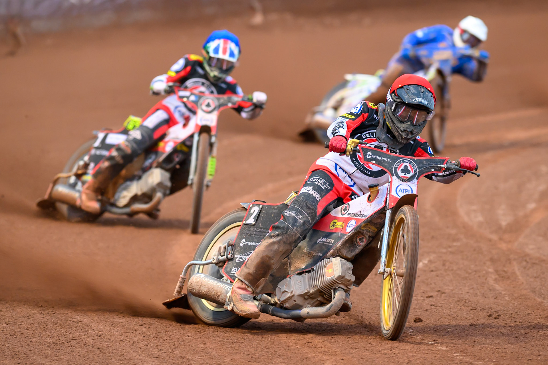 Norick Blödorn of Belle Vue Aces in Red leading William Cairns of Belle Vue Aces in Blue and Chris Harris of Kings Lynn Stars in White during the Rowe Motor Oil Premiership match between Belle Vue Aces and King's Lynn Stars at the National Speedway Stadium, Manchester on Monday 29th June 2026. (Photo: Ian Charles | MI News)