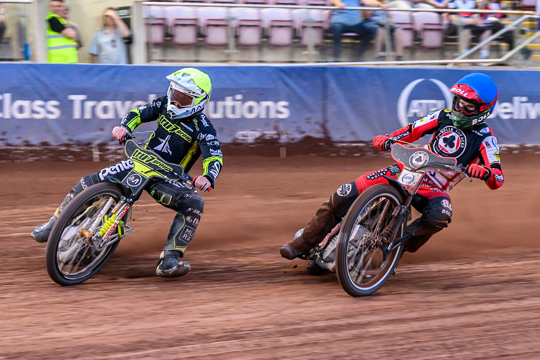 Ipswich Witches' Emil Saifutdinov  in White leading Belle Vue Aces' Brady Kurtz  in Blue during the Rowe Motor Oil Premiership match between Belle Vue Aces and Ipswich Witches at the National Speedway Stadium, Manchester on Monday 30th June 2025. (Photo: Ian Charles | MI News)